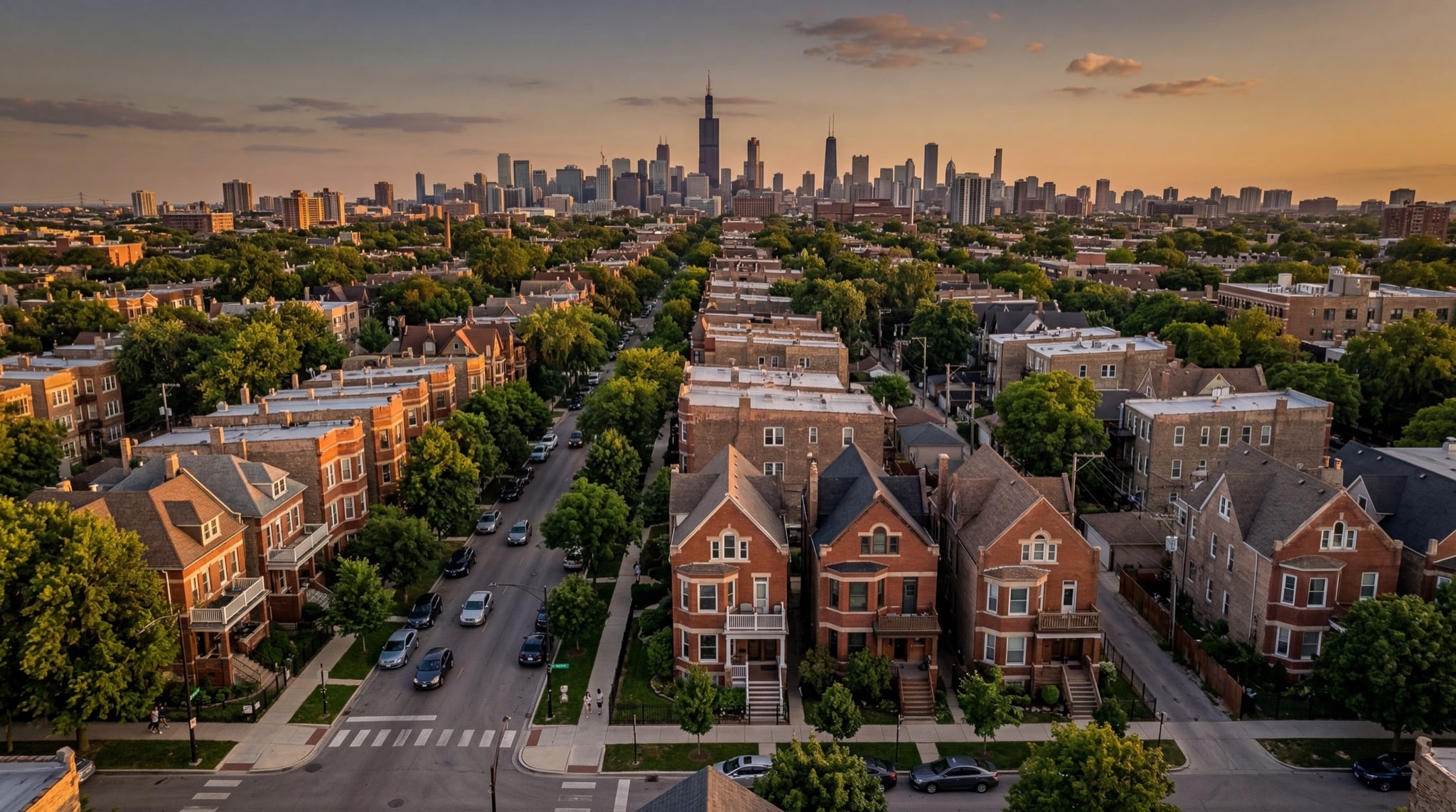 Beautiful Chicago residential neighborhood at golden hour