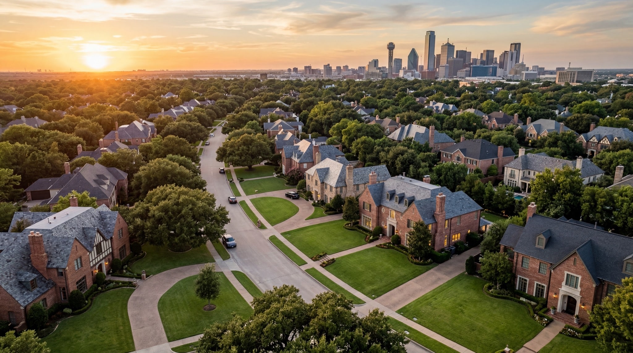 Beautiful Dallas residential neighborhood at golden hour