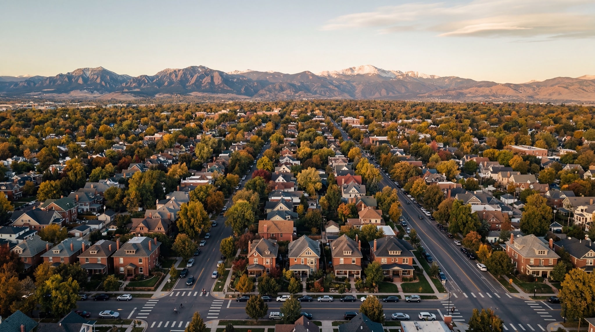 Beautiful Denver residential neighborhood at golden hour
