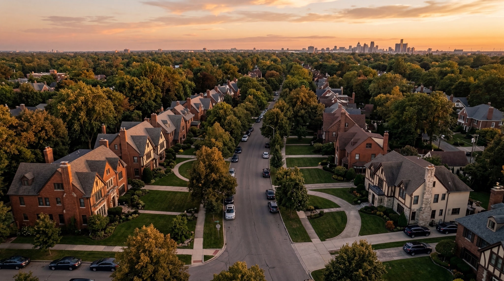 Beautiful Detroit residential neighborhood at golden hour