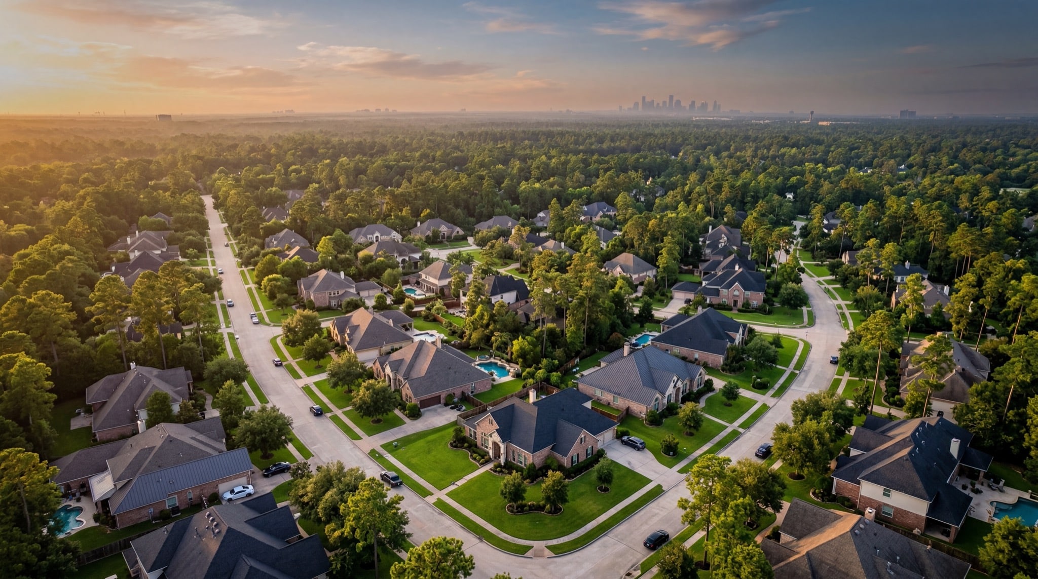 Beautiful Houston residential neighborhood at golden hour