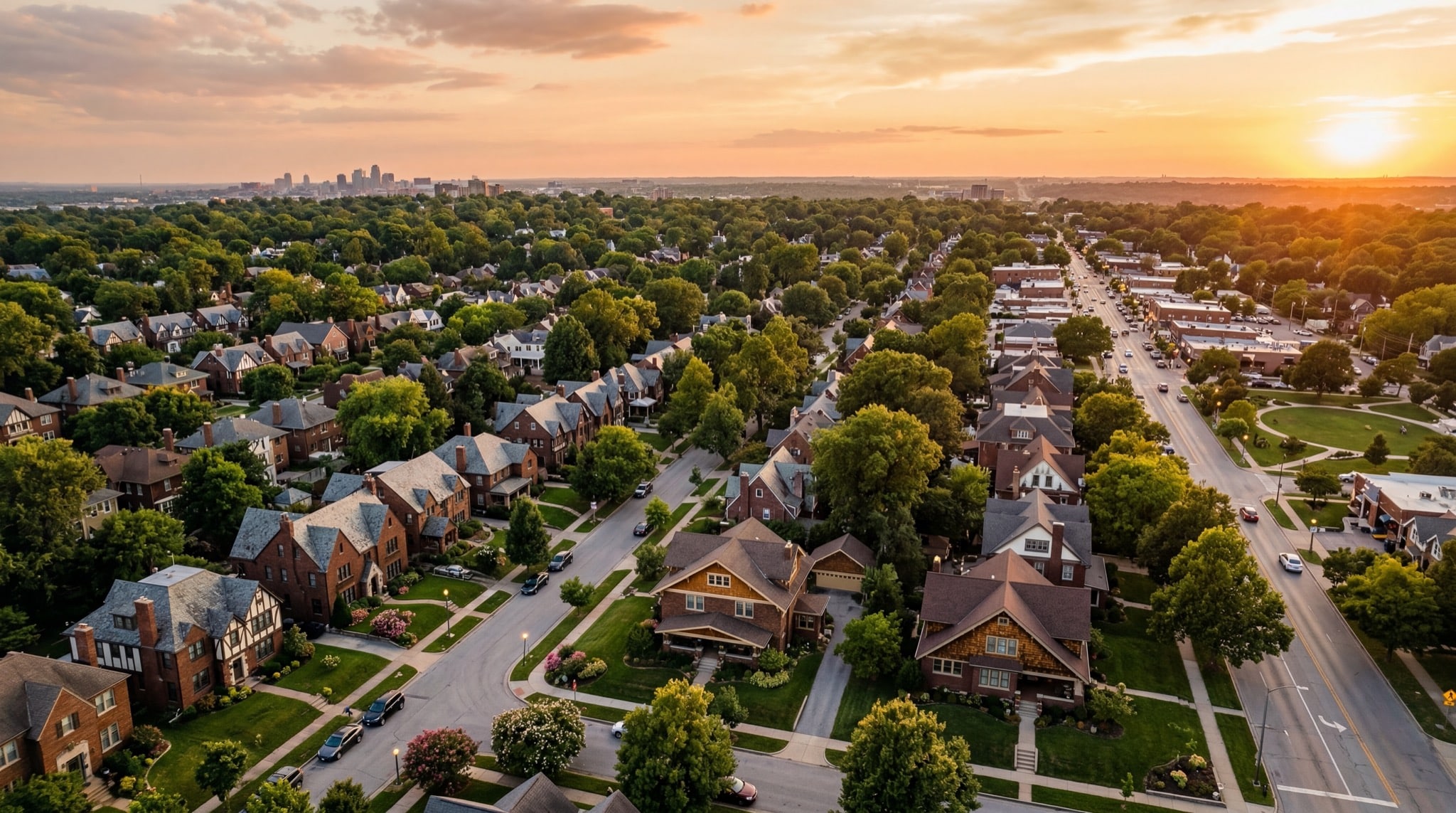 Beautiful Kansas City residential neighborhood at golden hour