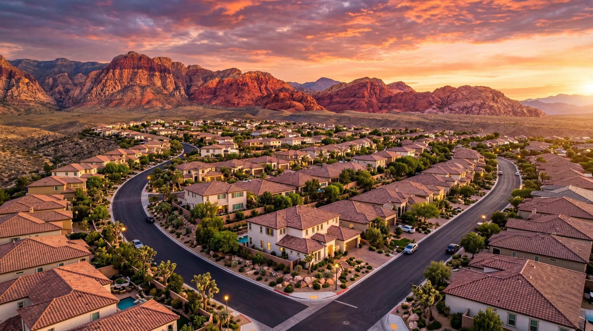 Beautiful Las Vegas residential neighborhood at golden hour