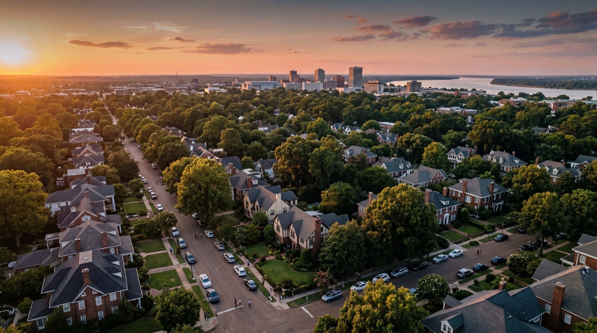 Beautiful Memphis residential neighborhood at golden hour