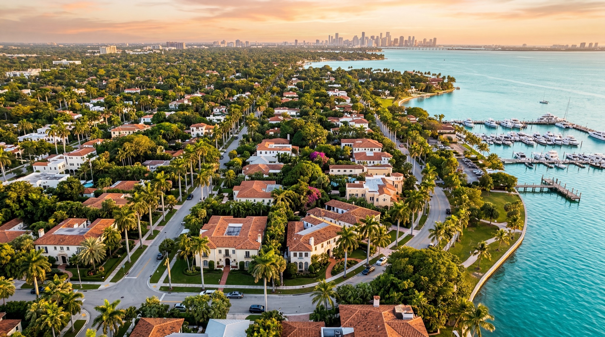 Beautiful Miami residential neighborhood at golden hour
