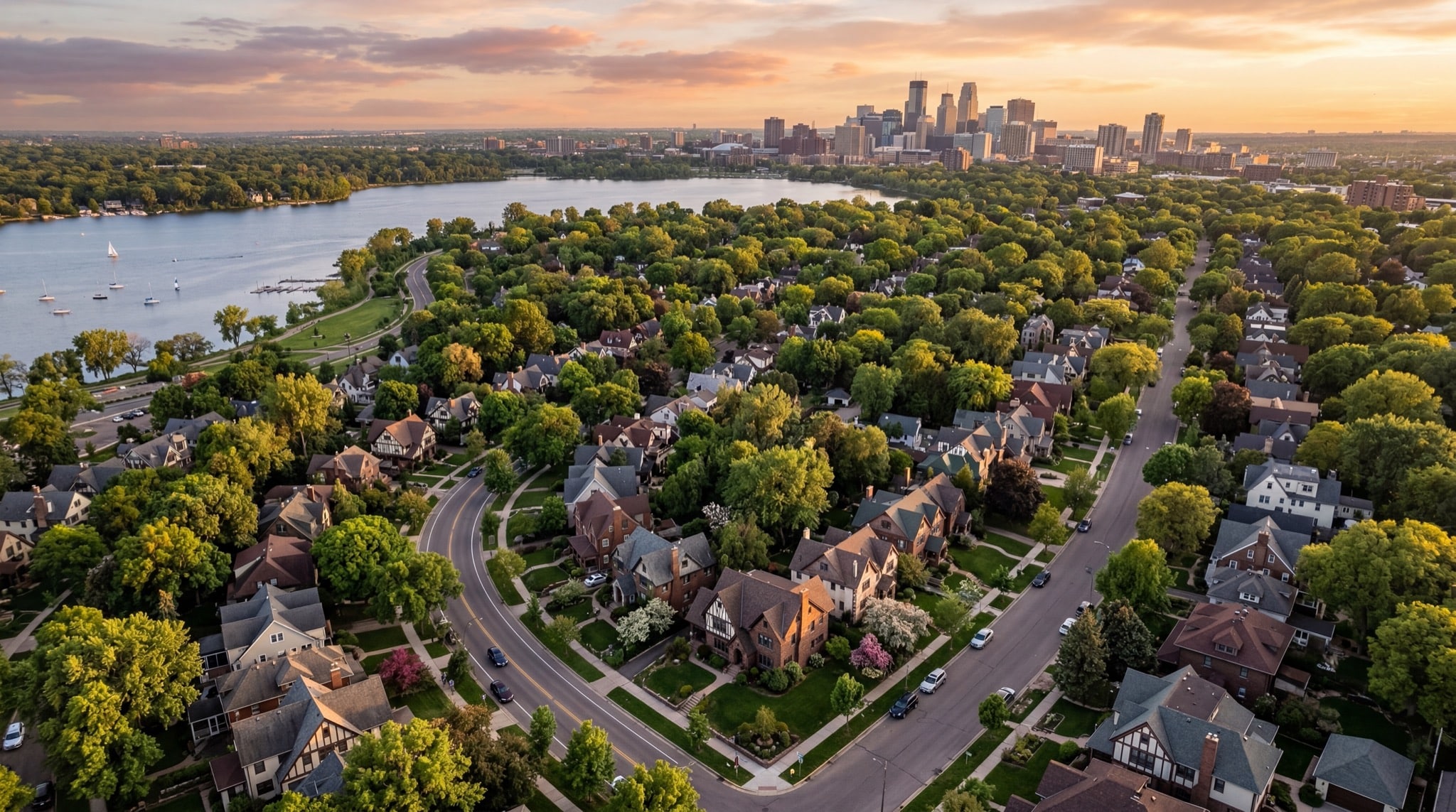 Beautiful Minneapolis residential neighborhood at golden hour