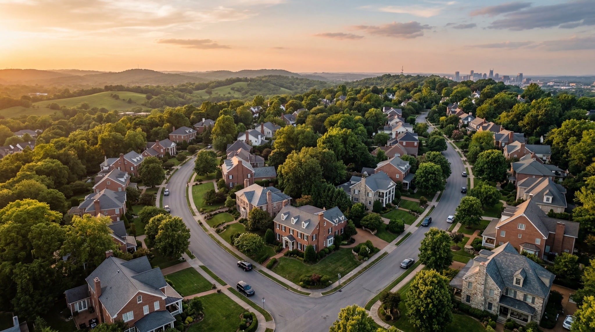 Beautiful Nashville residential neighborhood at golden hour