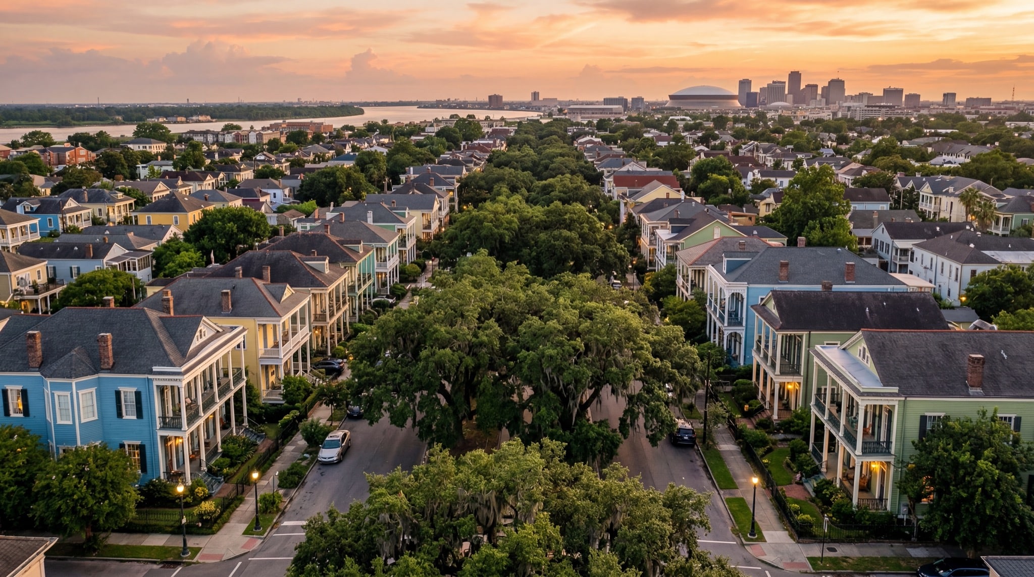 Beautiful New Orleans residential neighborhood at golden hour