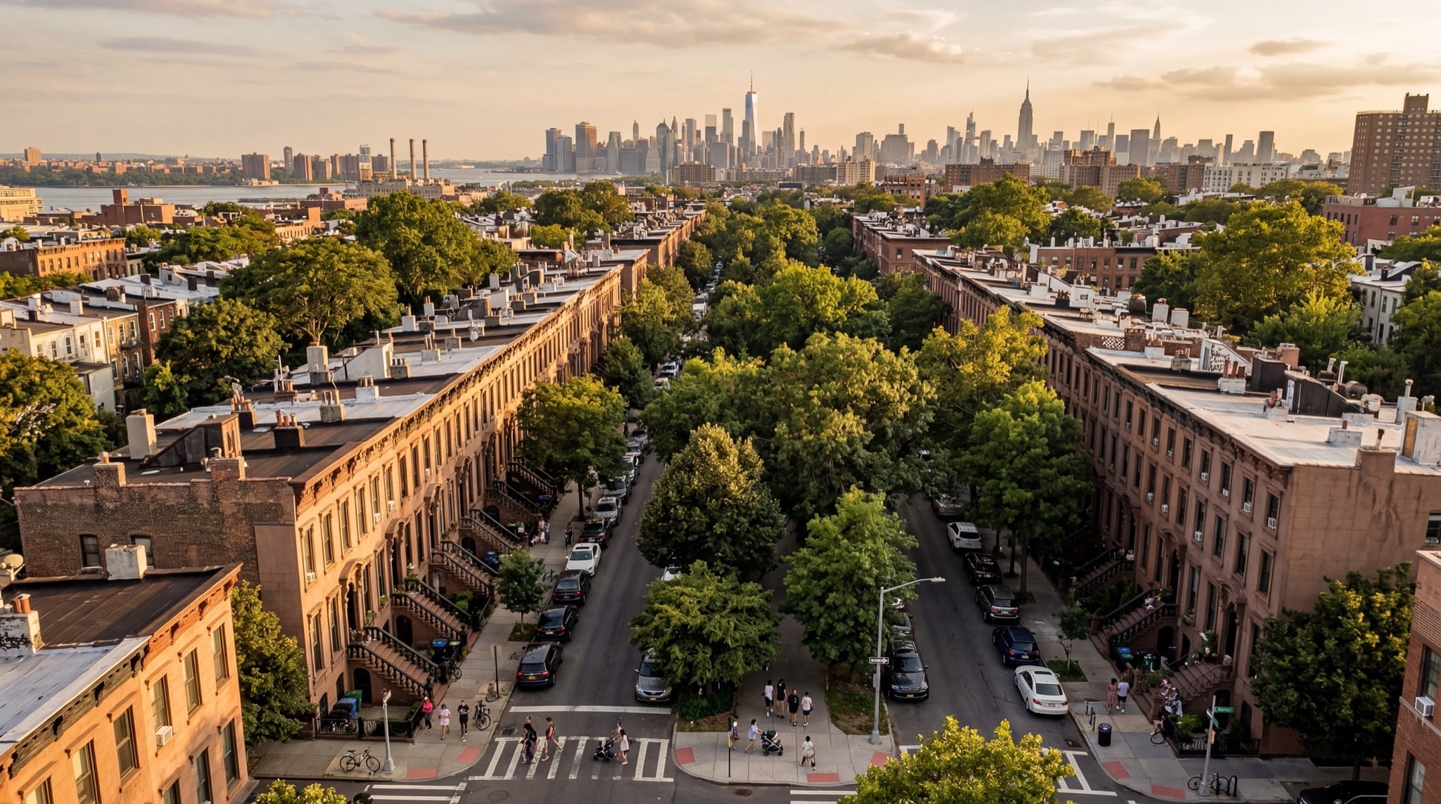 Beautiful New York residential neighborhood at golden hour