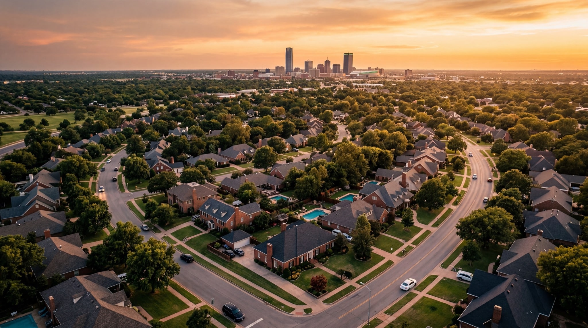 Beautiful Oklahoma City residential neighborhood at golden hour
