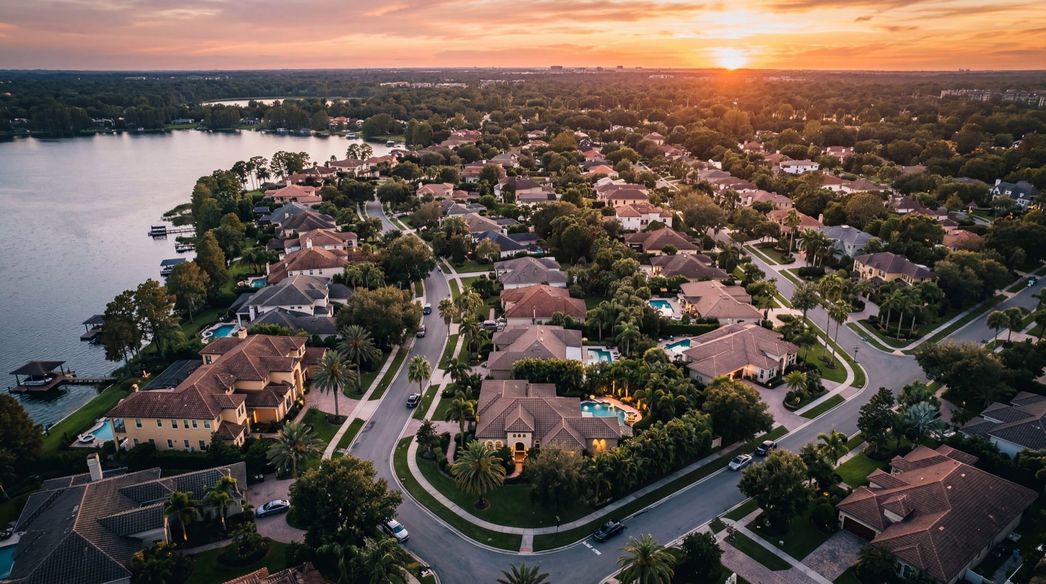 Beautiful Orlando residential neighborhood at golden hour