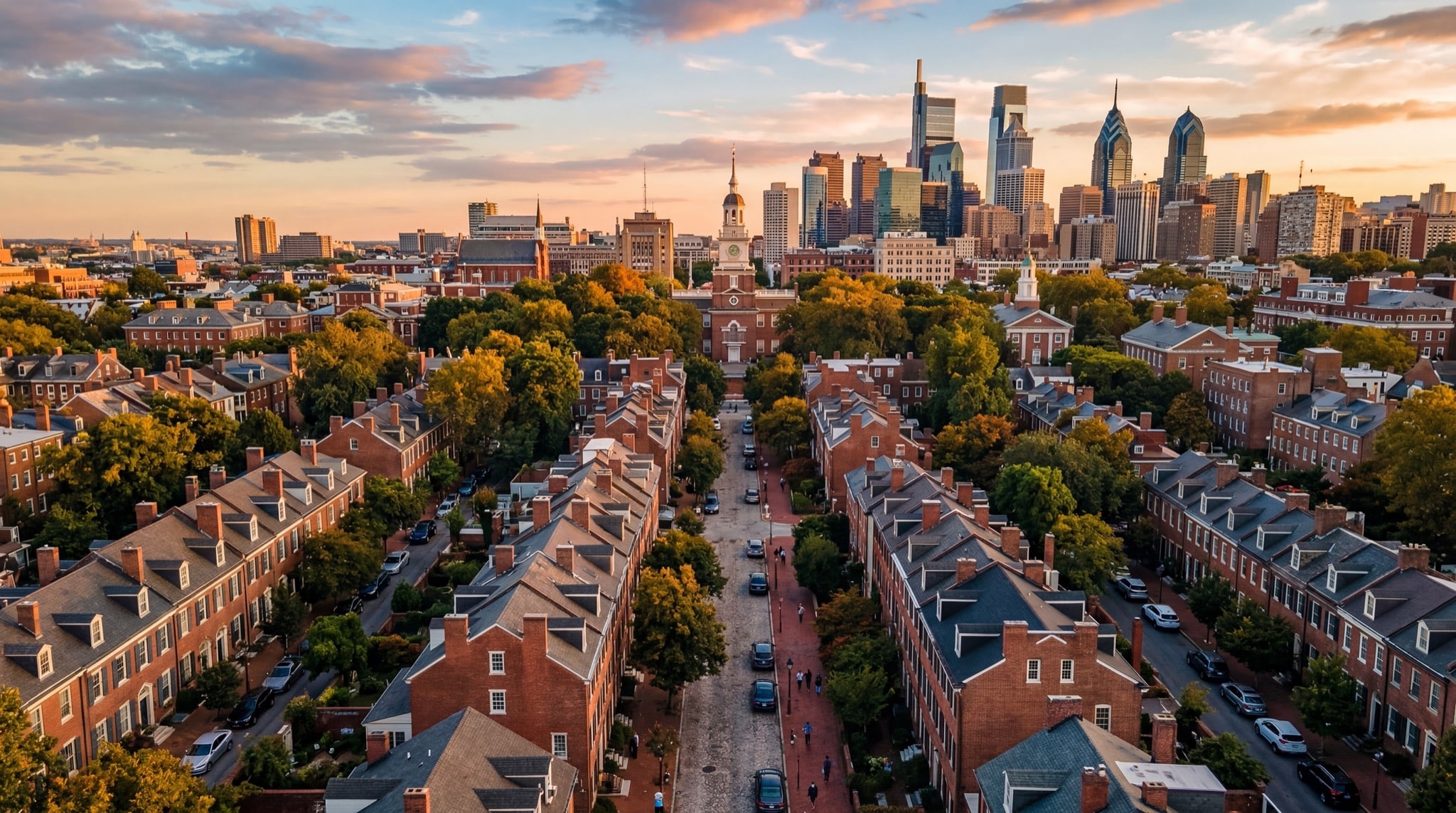 Beautiful Philadelphia residential neighborhood at golden hour