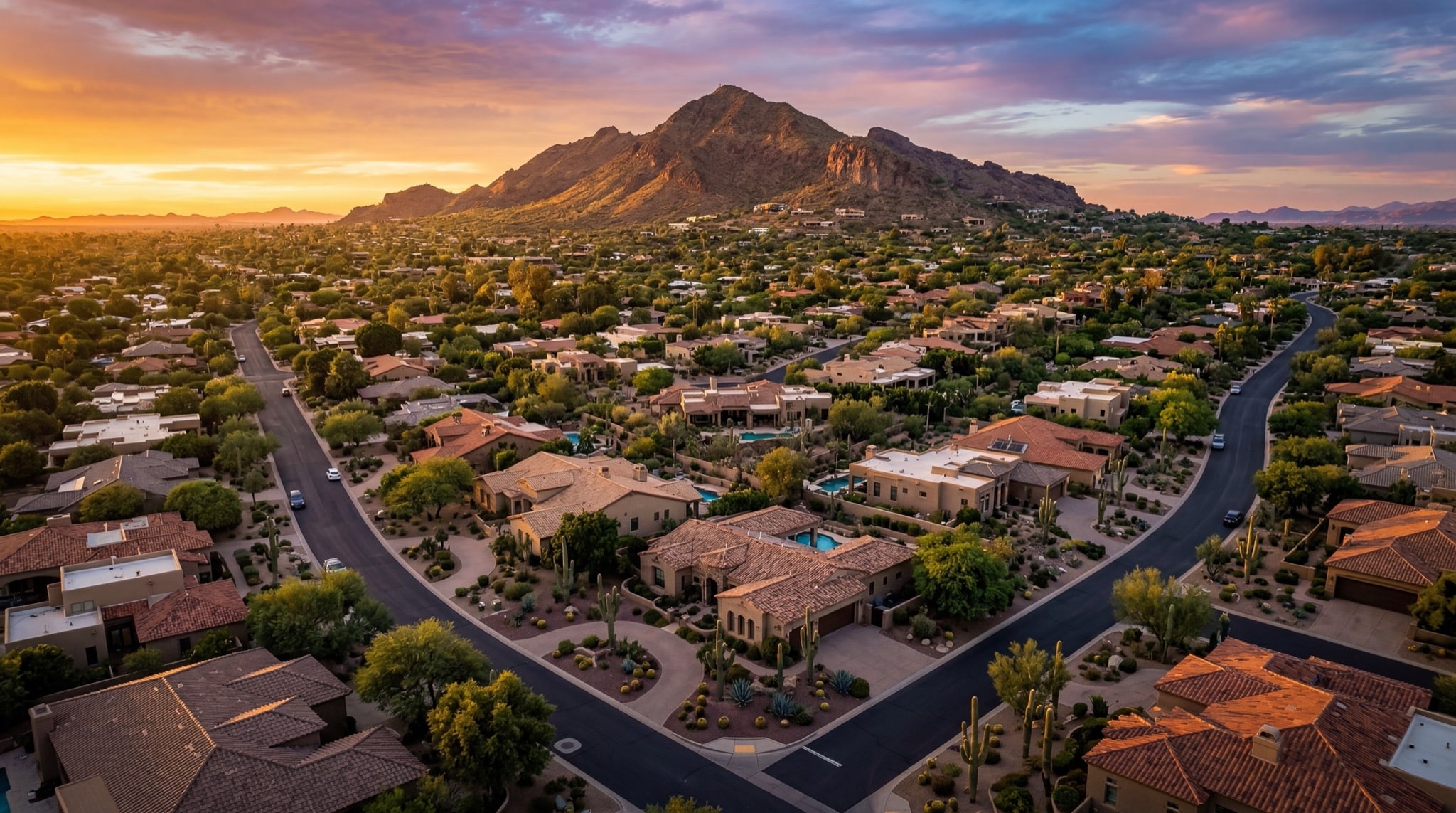 Beautiful Phoenix residential neighborhood at golden hour