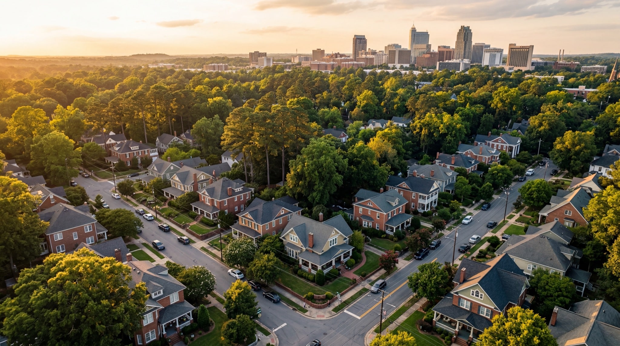 Beautiful Raleigh residential neighborhood at golden hour