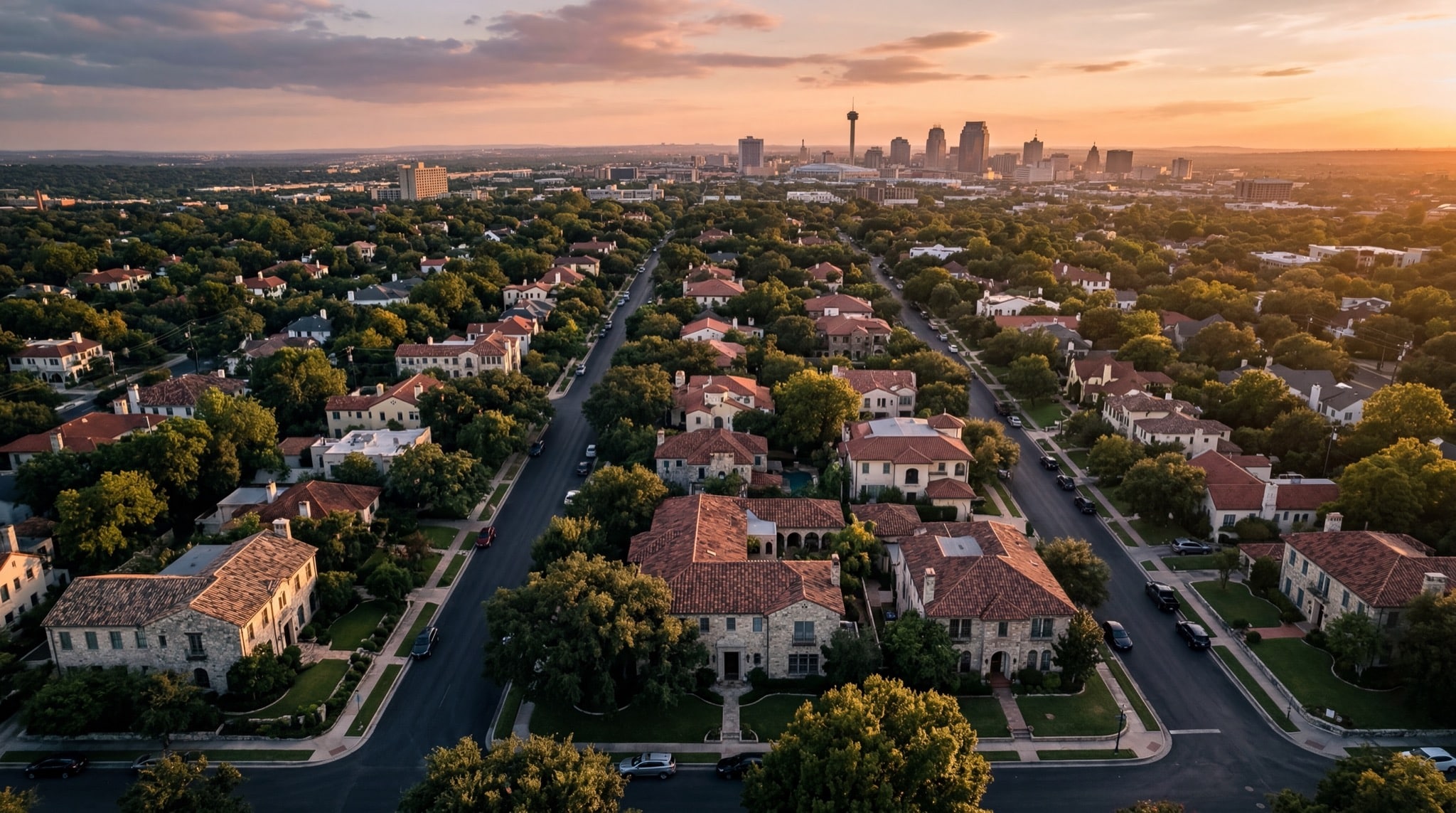Beautiful San Antonio residential neighborhood at golden hour