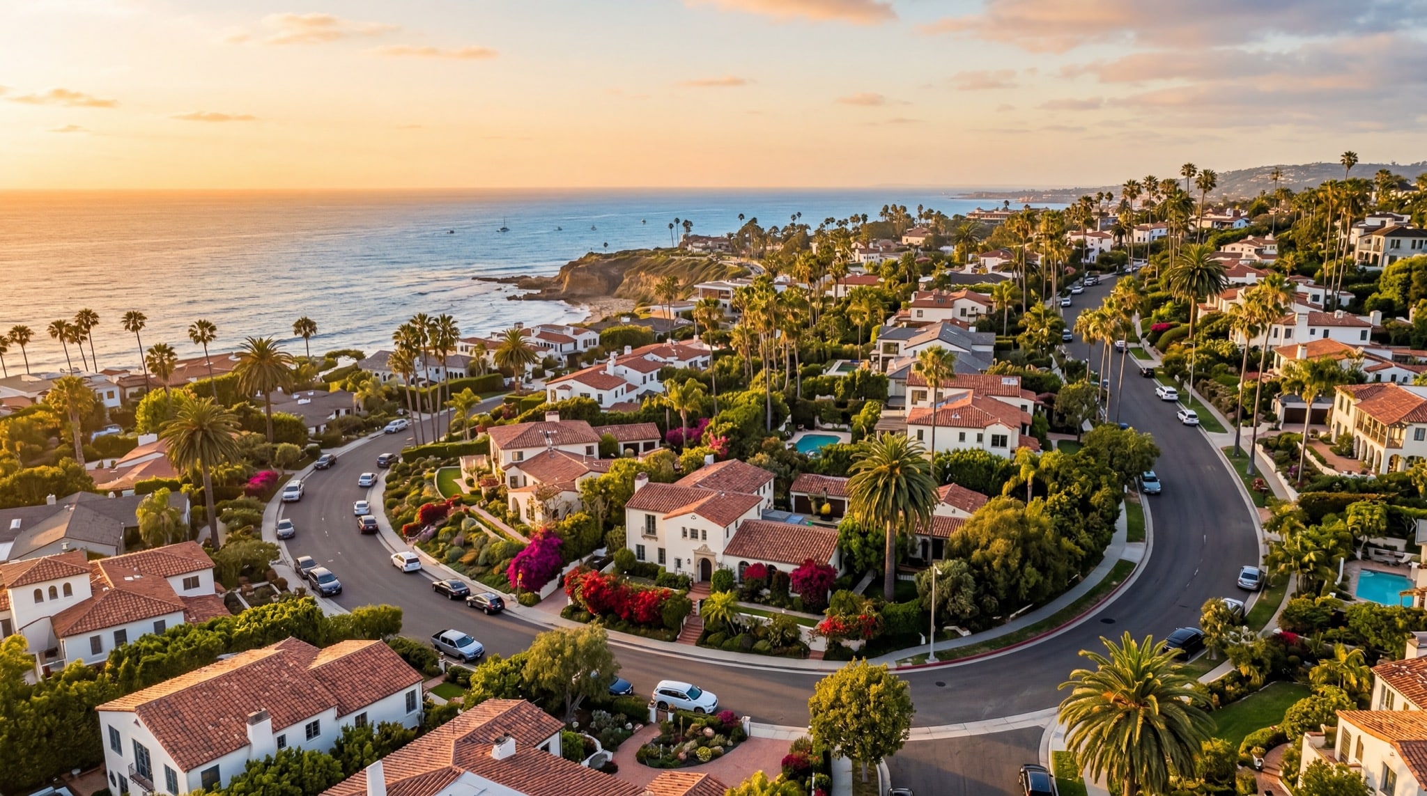Beautiful San Diego residential neighborhood at golden hour