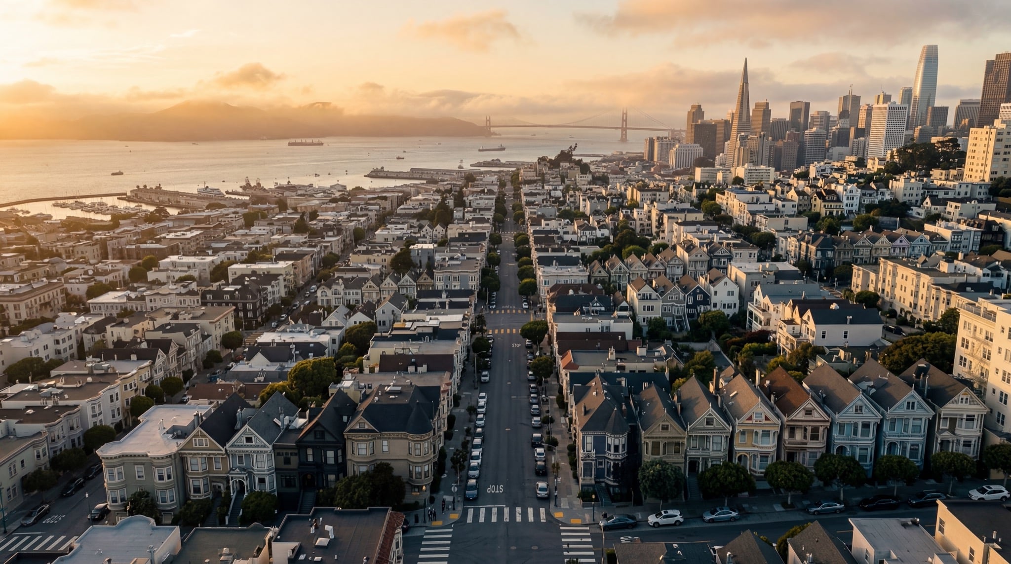 Beautiful San Francisco residential neighborhood at golden hour