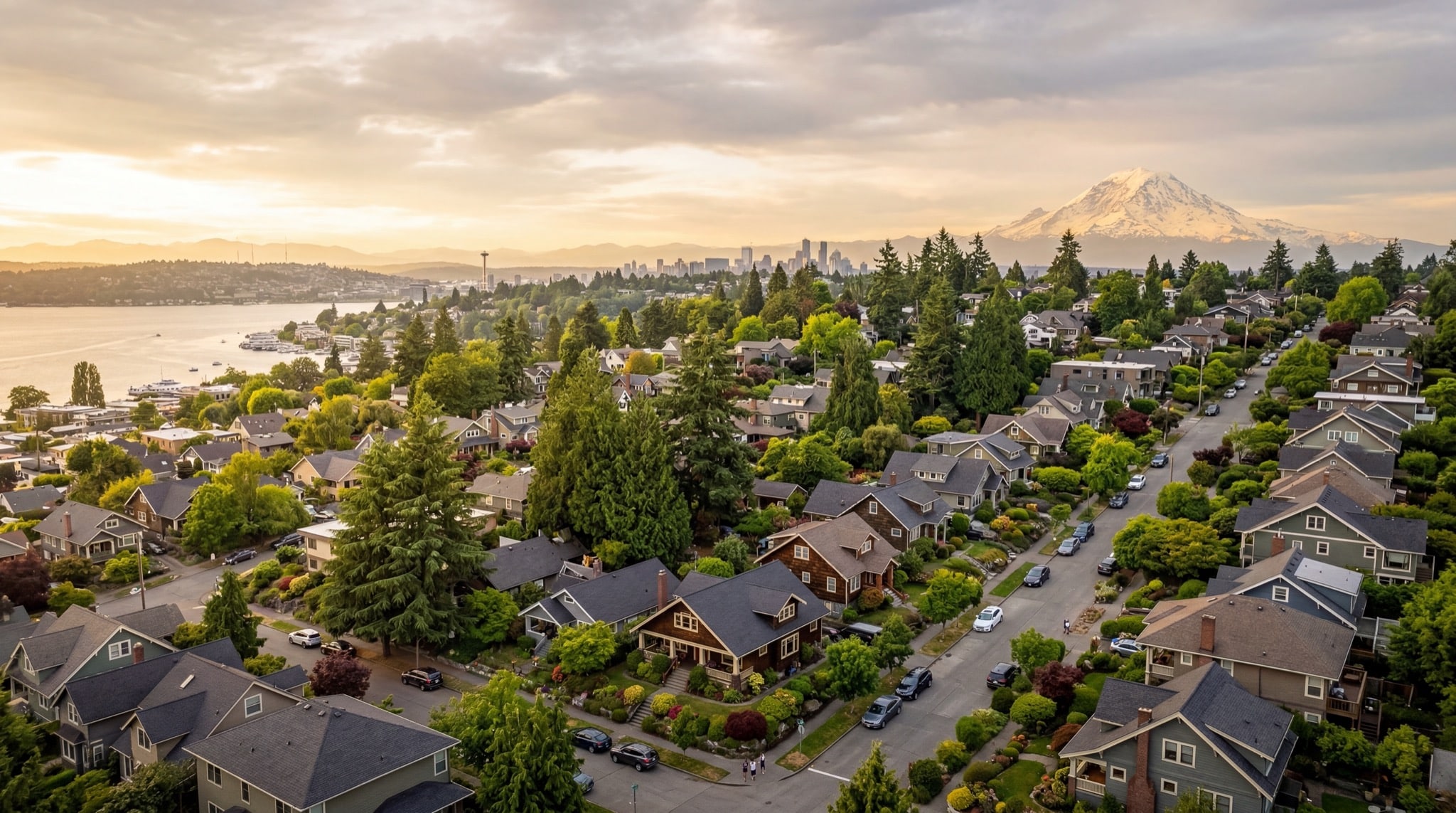 Beautiful Seattle residential neighborhood at golden hour