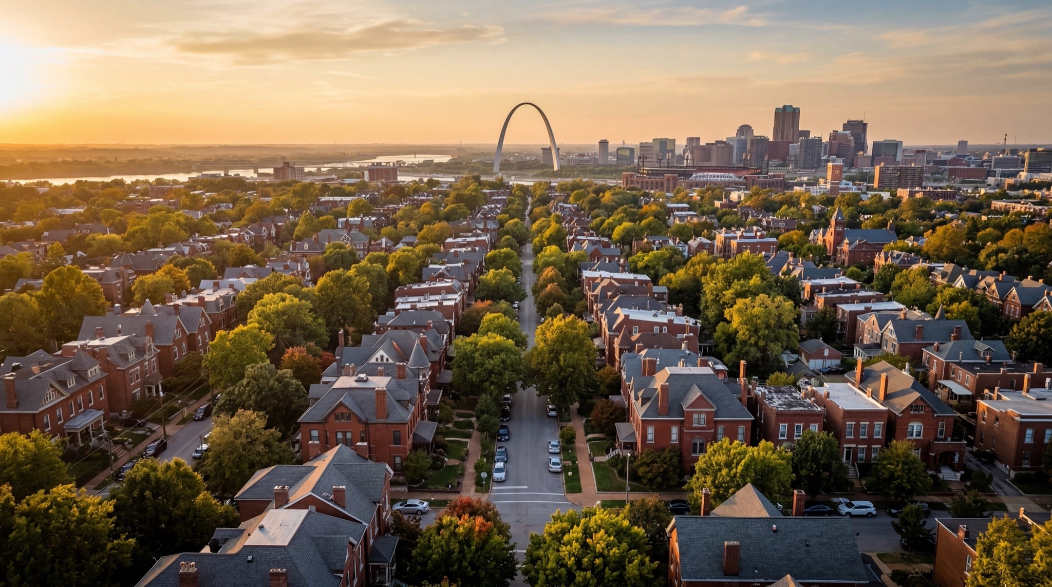 Beautiful St. Louis residential neighborhood at golden hour