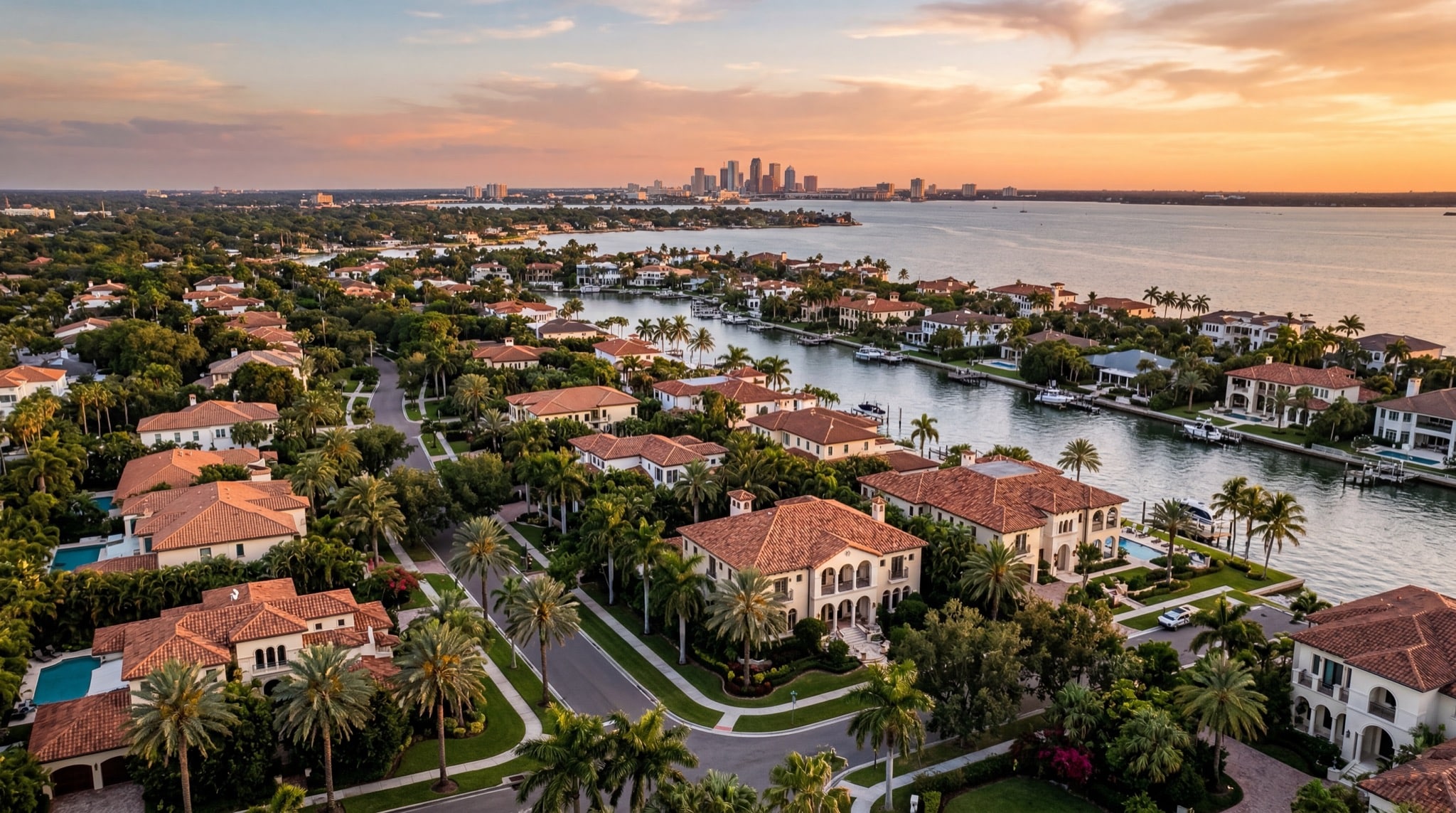 Beautiful Tampa Bay residential neighborhood at golden hour