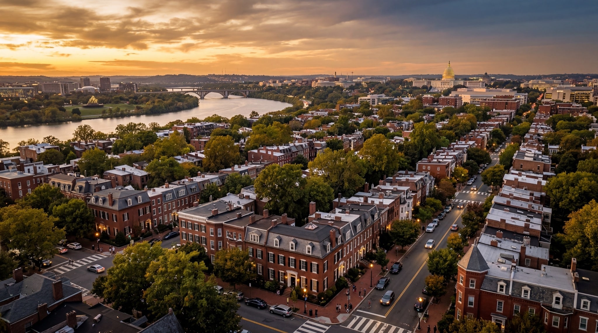 Beautiful Washington, D.C. residential neighborhood at golden hour