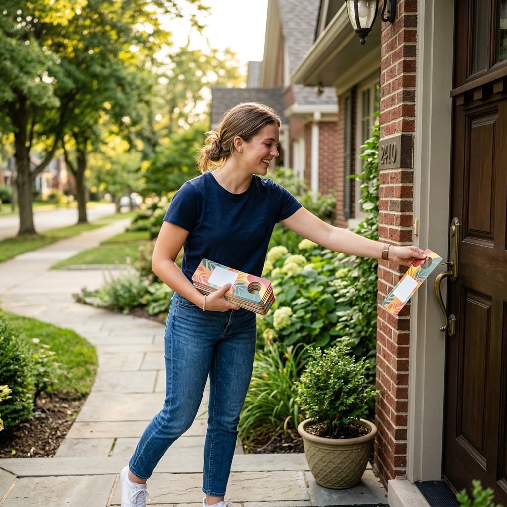 Local New York distributor delivering door hangers in a residential neighborhood