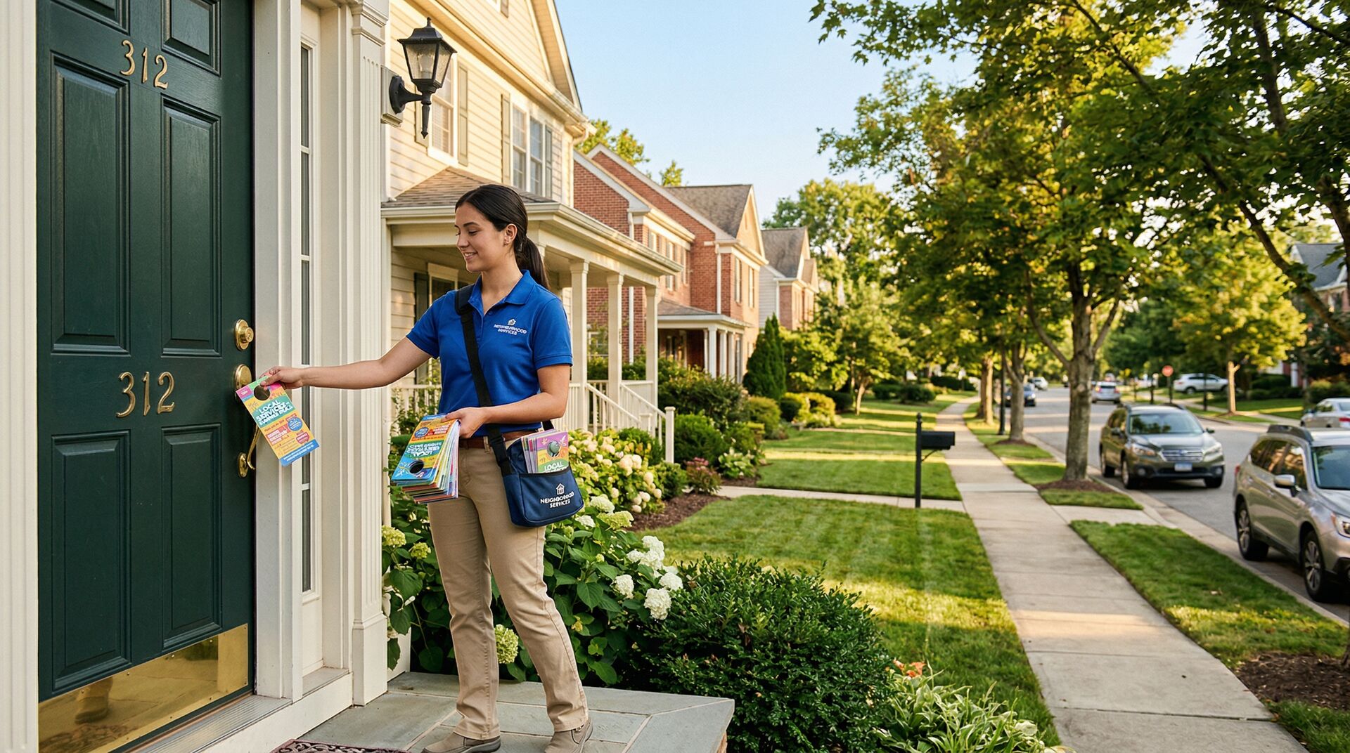 Professional door hanger distribution in residential neighborhood