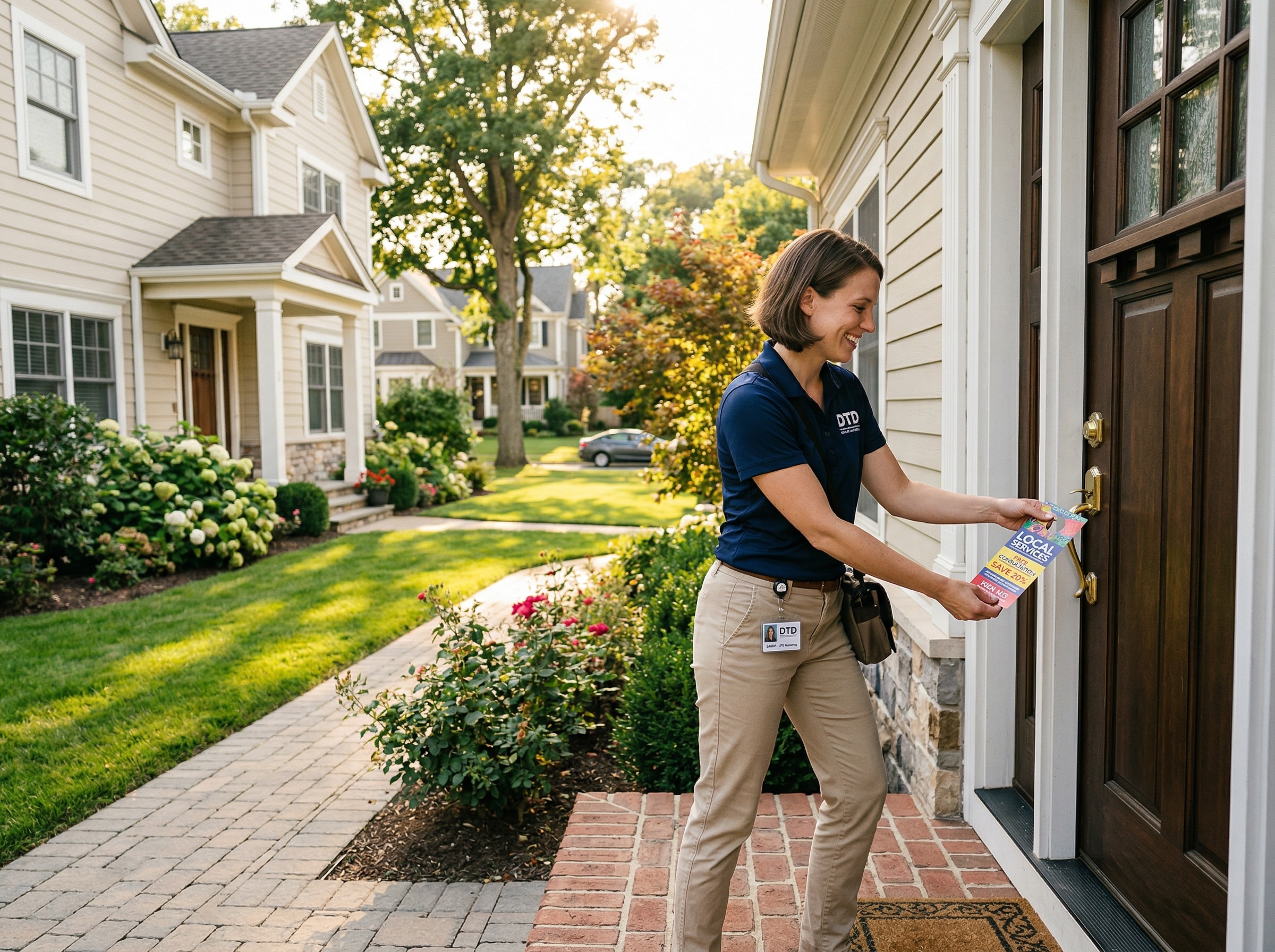 Professional distributor delivering door hangers in a suburban American neighborhood