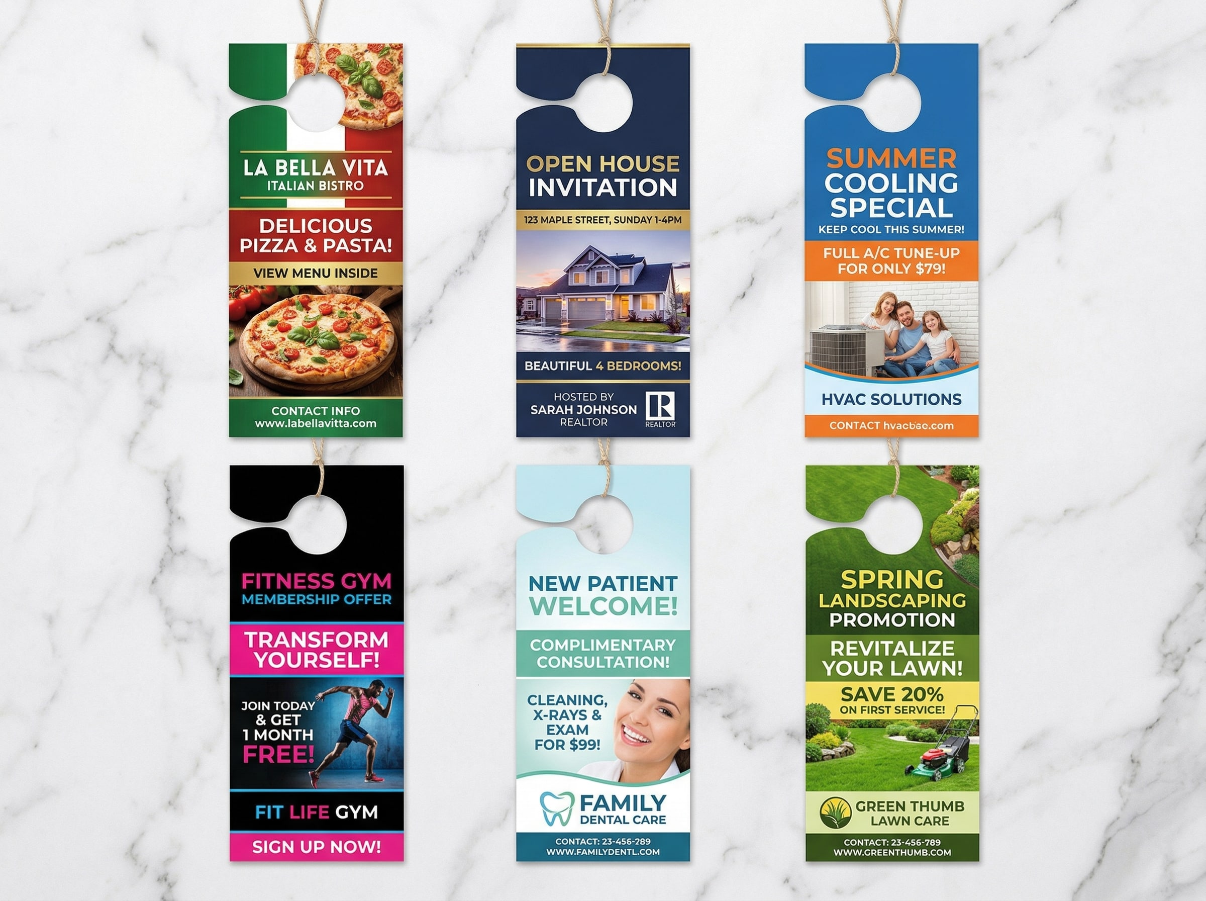 Colorful door hanger designs for different industries including restaurants, real estate, HVAC, and fitness