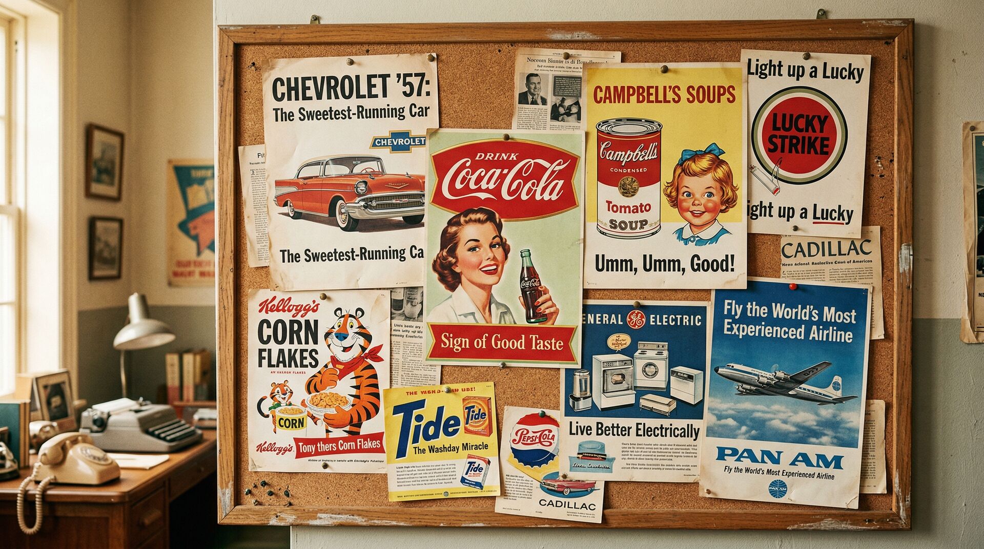 Golden age of print advertising showing vintage flyers, posters, and newspaper advertisements from 1880-1960