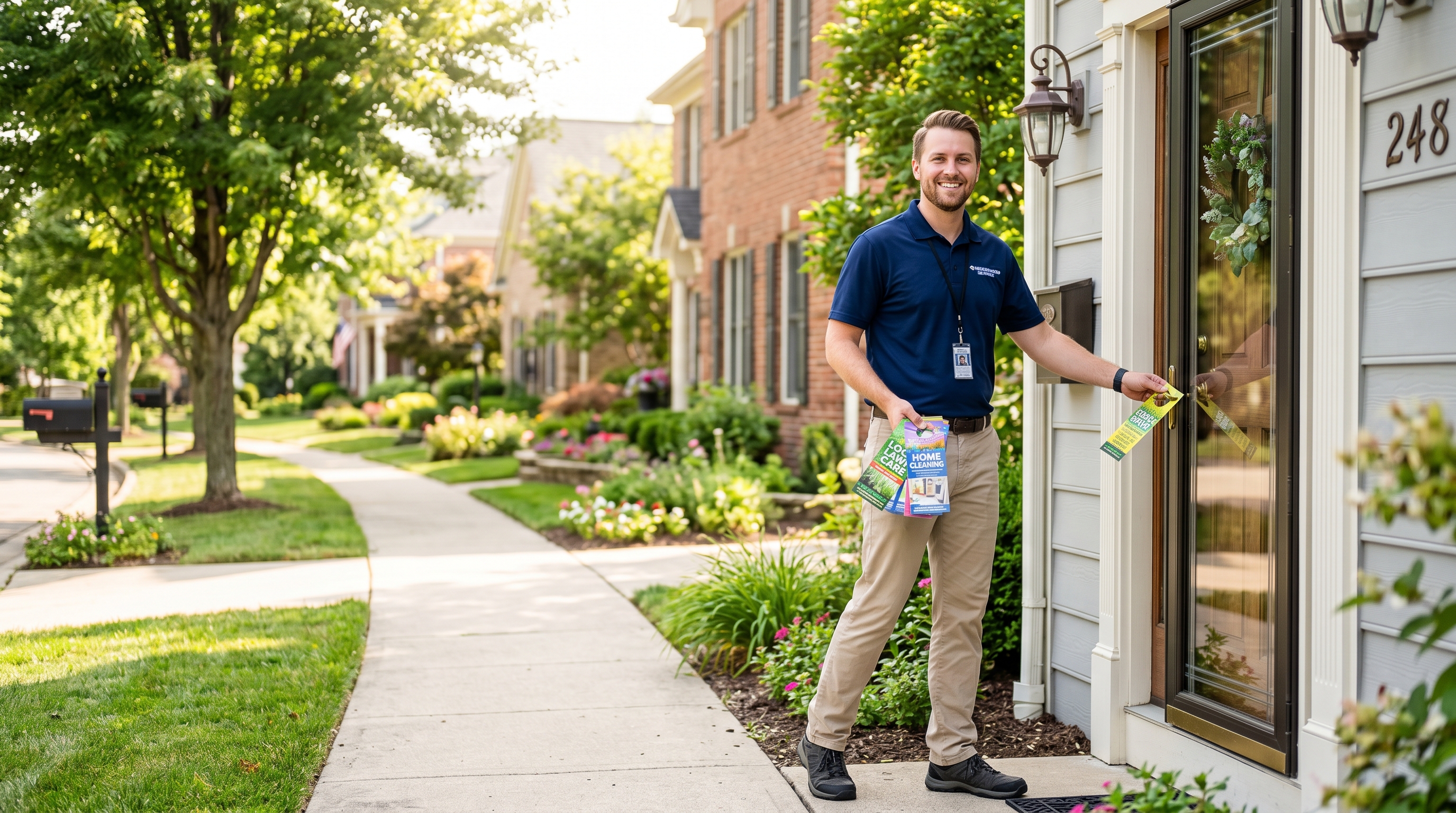 Professional door hanger distributor placing marketing materials on suburban residential doors