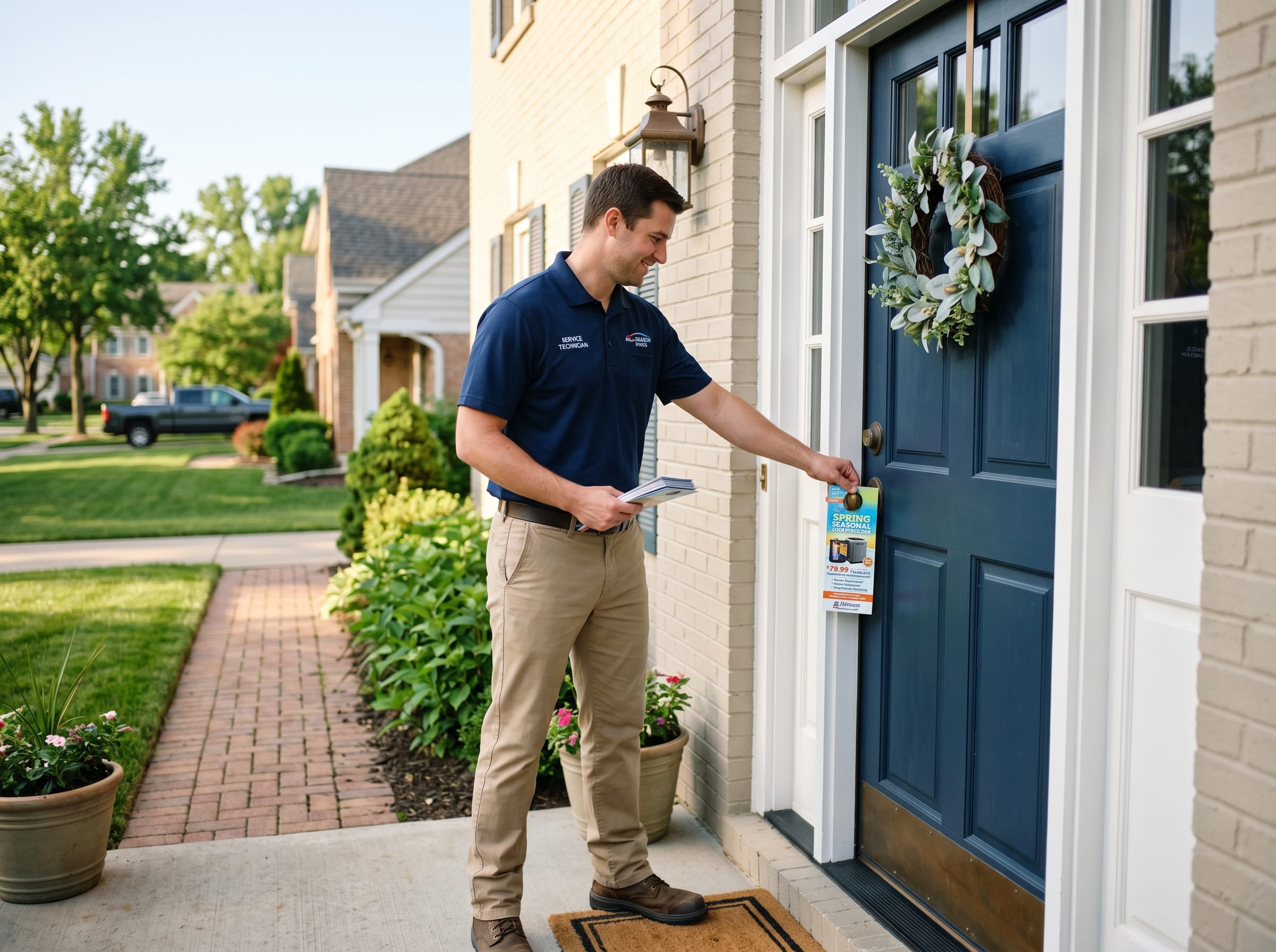 HVAC service door hanger being placed on residential front door