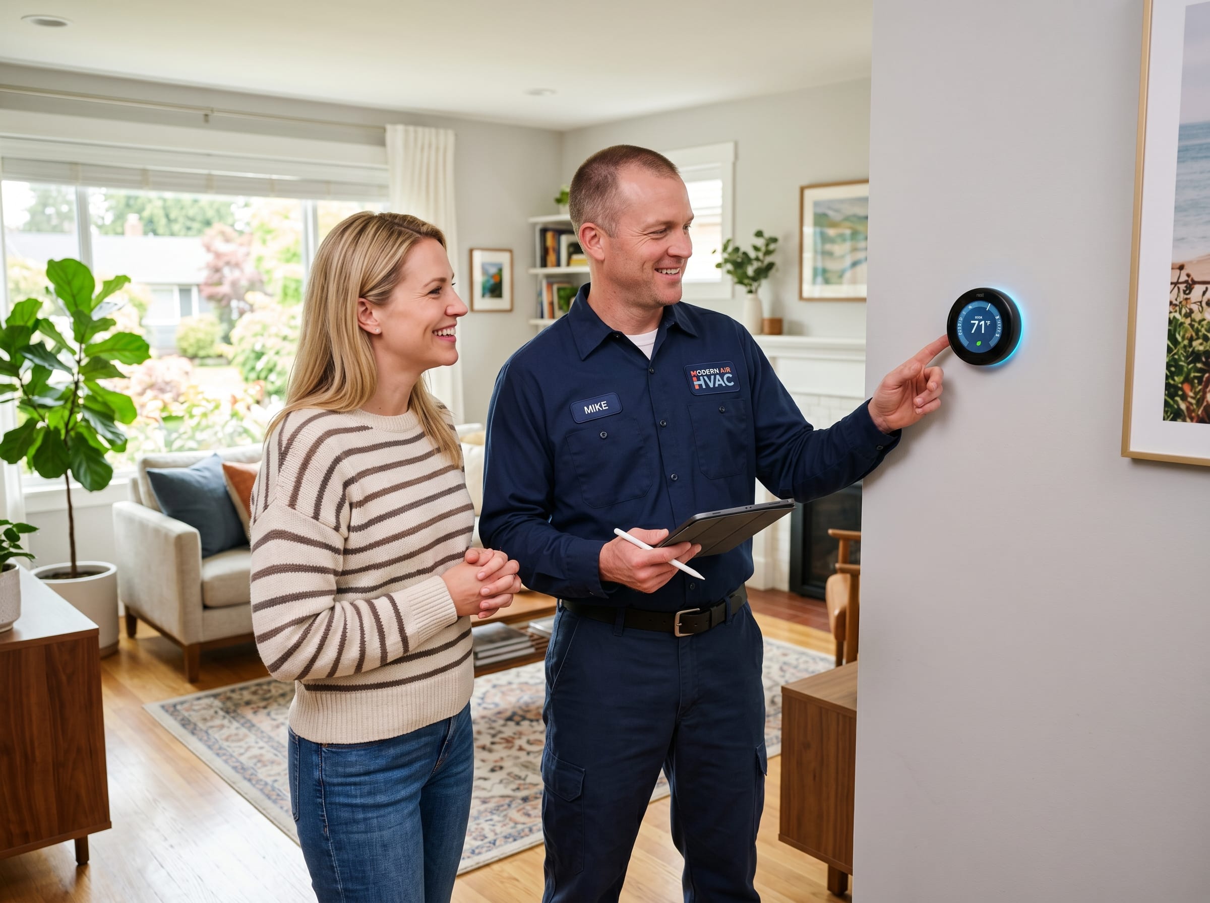 HVAC technician explaining thermostat to homeowner