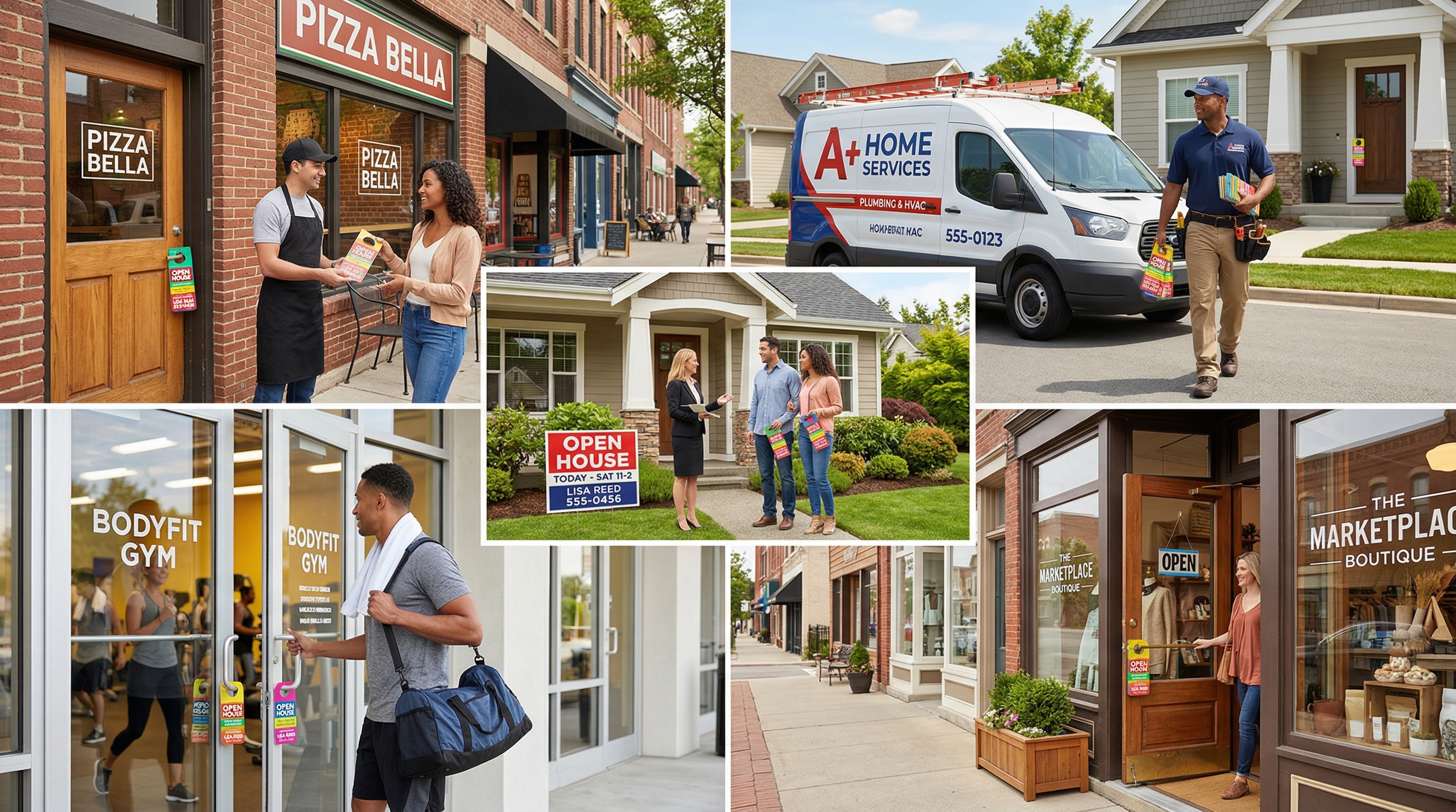 Industries served by door hanger distribution — restaurants, home services, real estate, fitness, retail