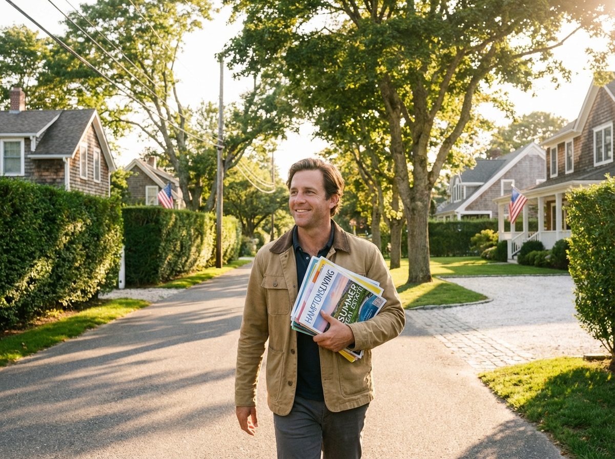 Professional flyer distributor walking through the Hamptons area of Long Island with shingled beach cottages