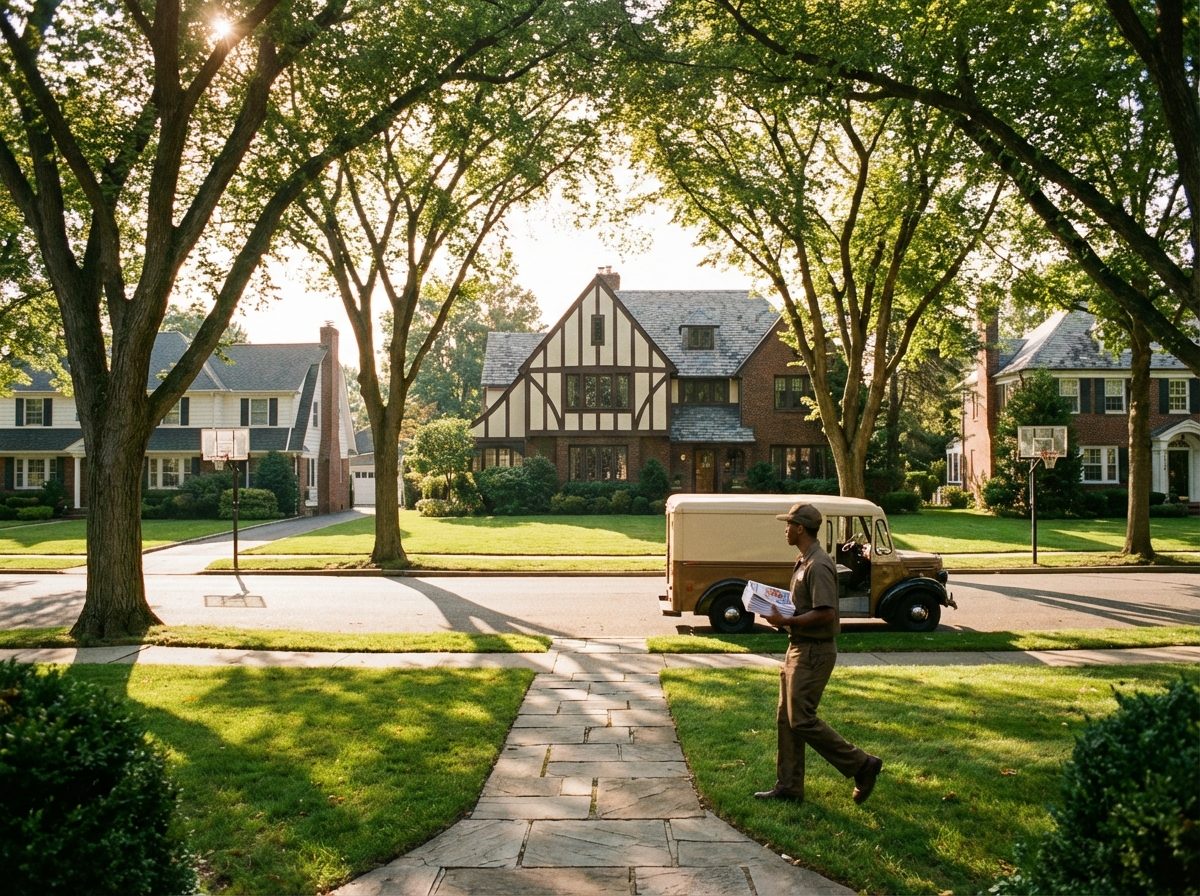 Delivery worker approaching a Colonial Revival home on a tree-lined street in Garden City Nassau County