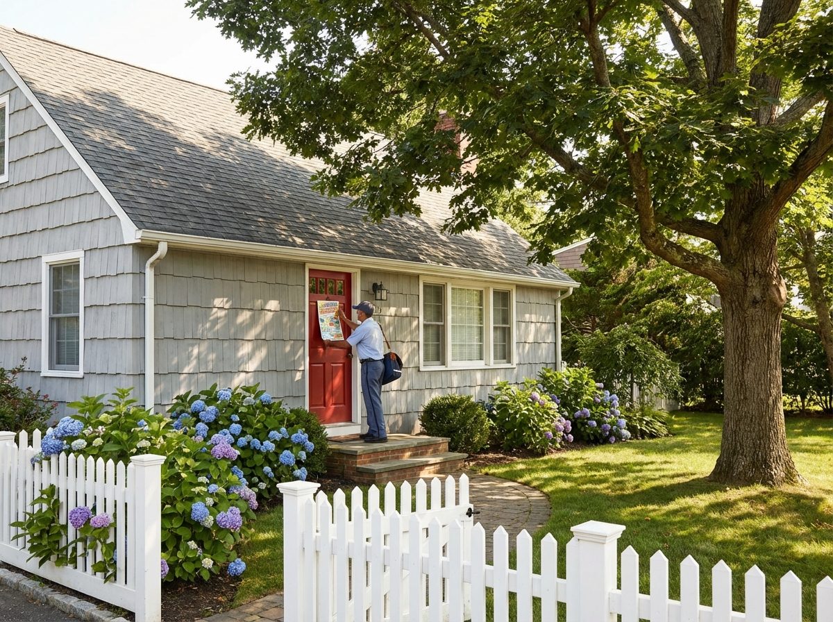Distributor placing a marketing flyer on a Cape Cod style home in Nassau County Long Island New York