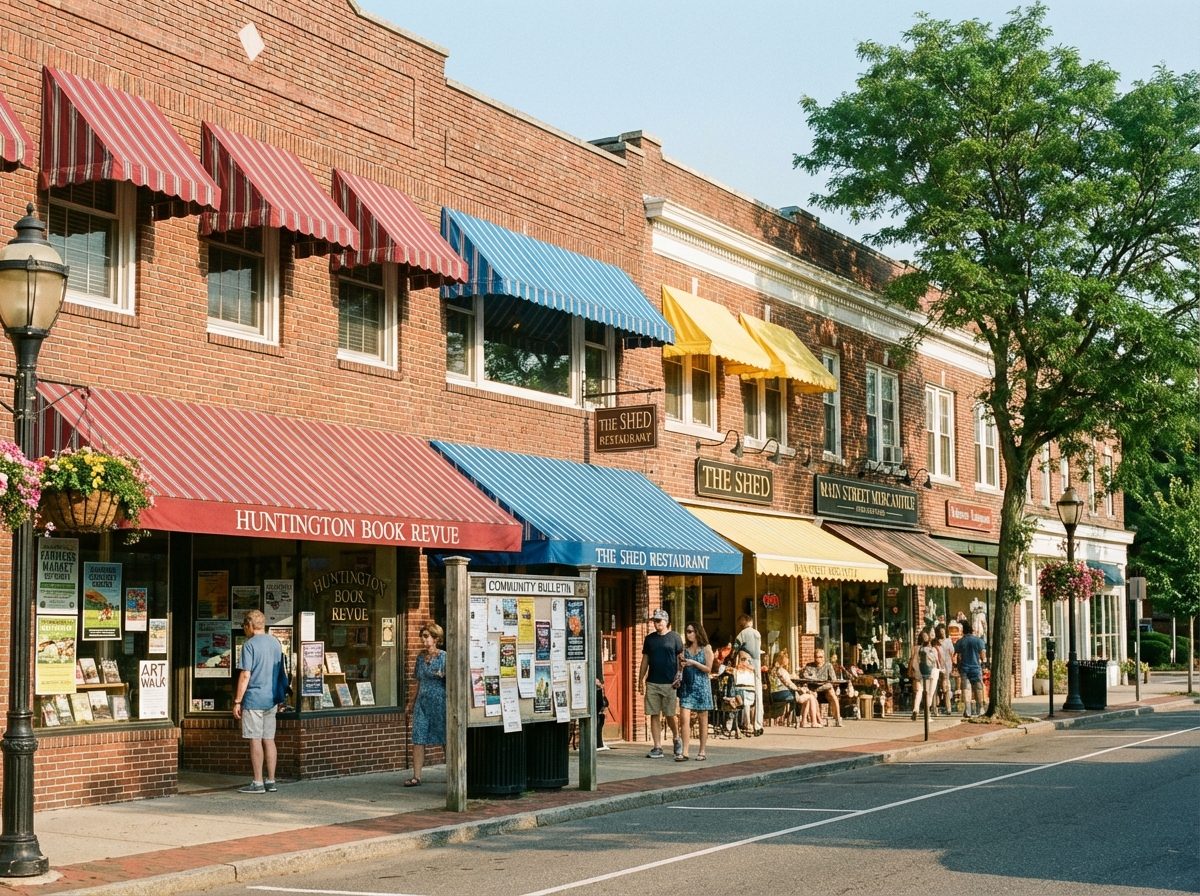 Main Street commercial district in Huntington Village Suffolk County Long Island with local shops