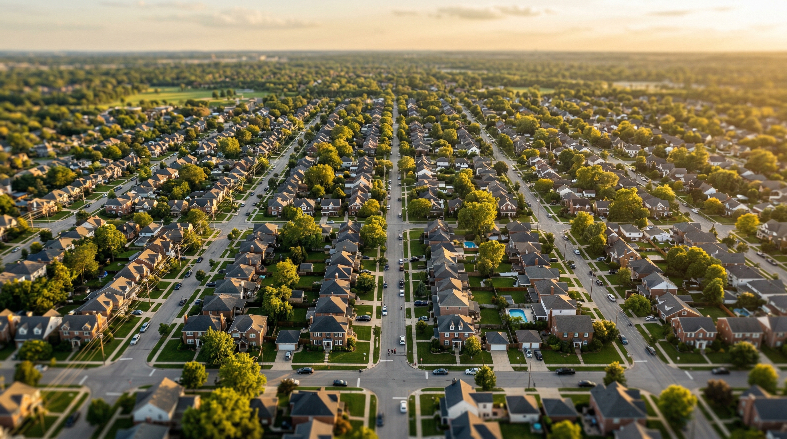 Aerial view of American suburban neighborhoods showing door hanger distribution coverage area