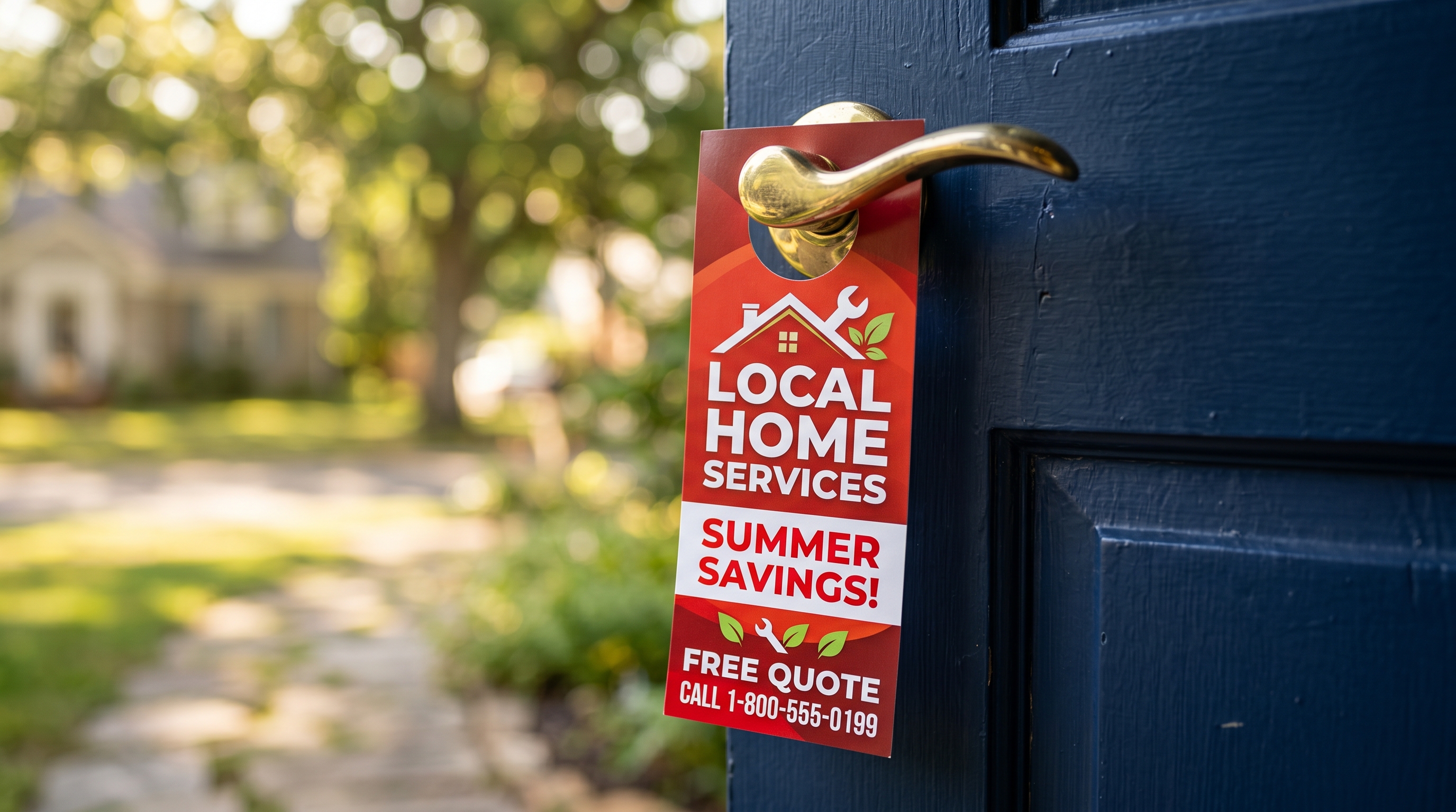 Close-up of a professional colorful door hanger on a residential front door with soft bokeh background