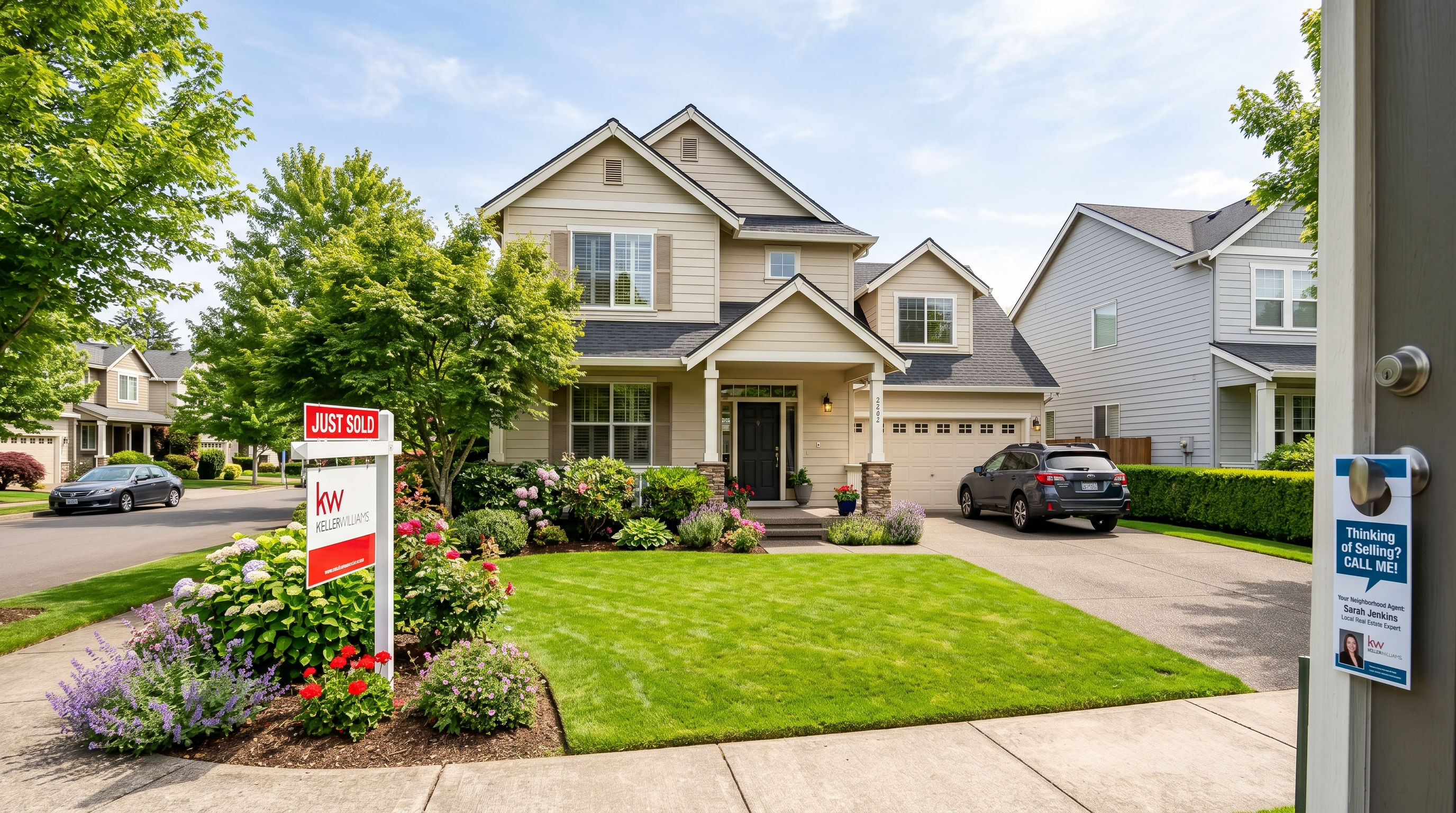 Beautiful suburban home with real estate sign and professional door hanger on neighboring front door