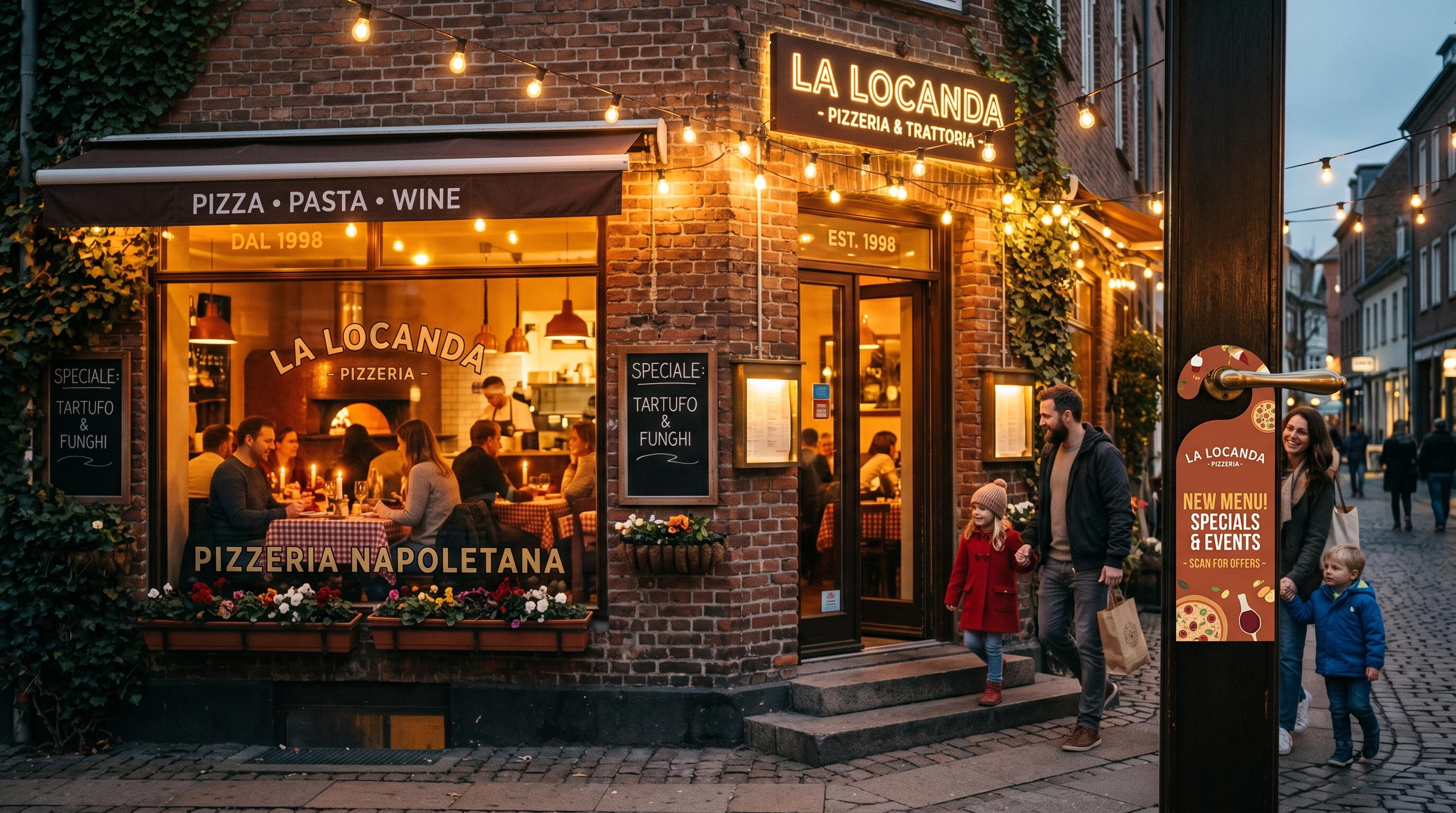 Welcoming local pizzeria with warm interior lighting and a colorful menu door hanger on the front door
