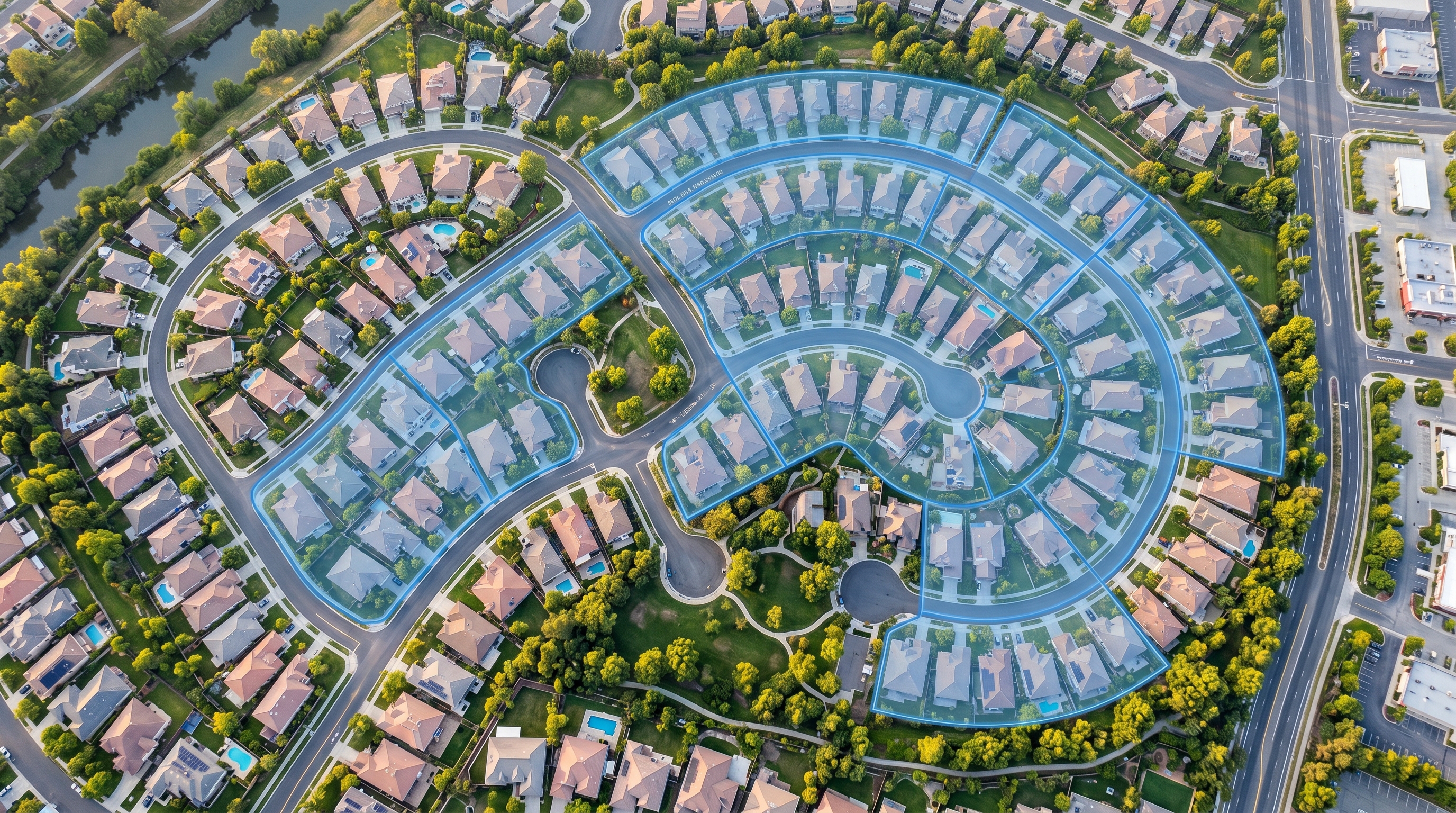 Overhead view of suburban subdivision showing targeted door hanger distribution zones highlighted in blue