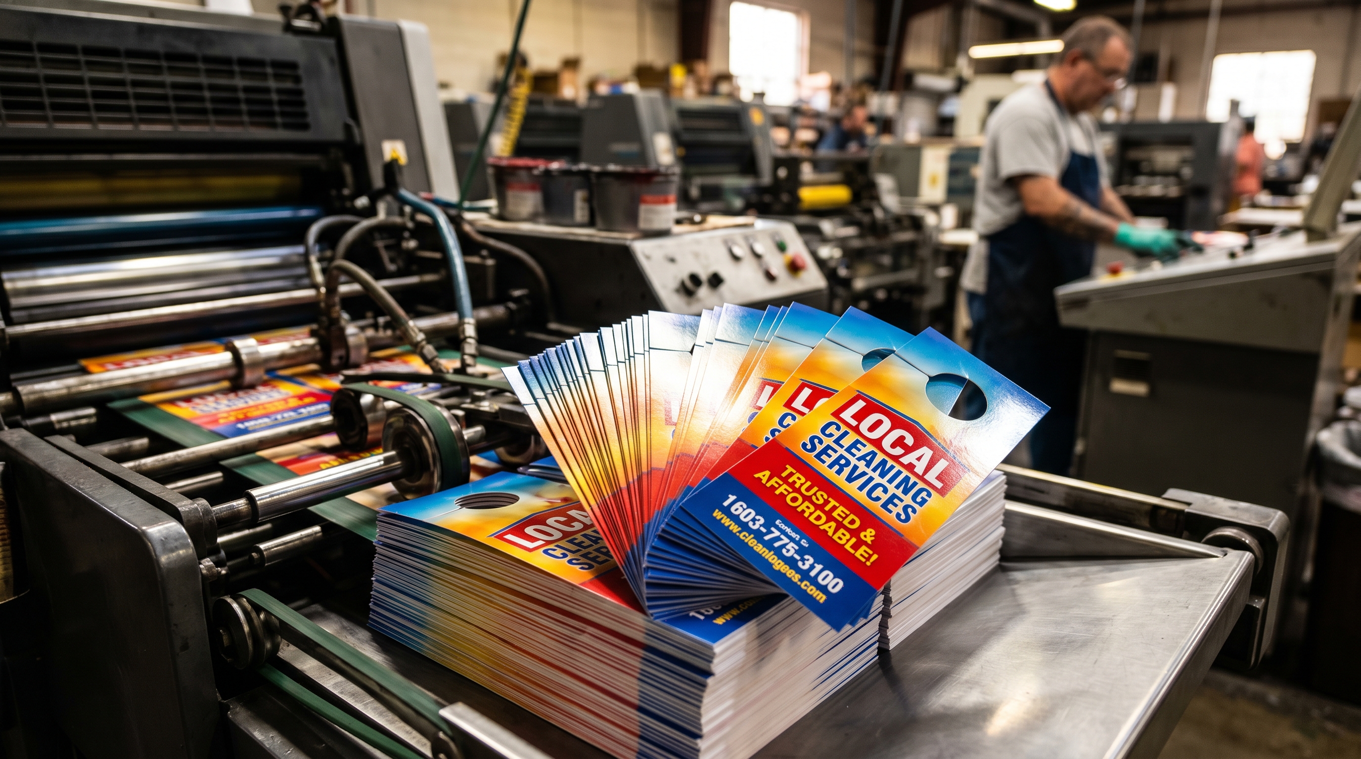 Premium door hanger printing on commercial press with thick 14pt UV-coated cardstock