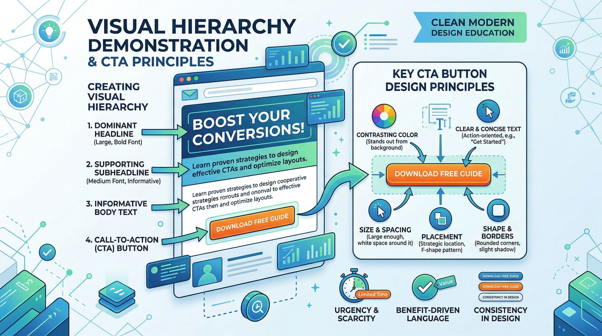 Call-to-action design principles showing effective CTA placement, sizing, and psychological trigger elements on flyers
