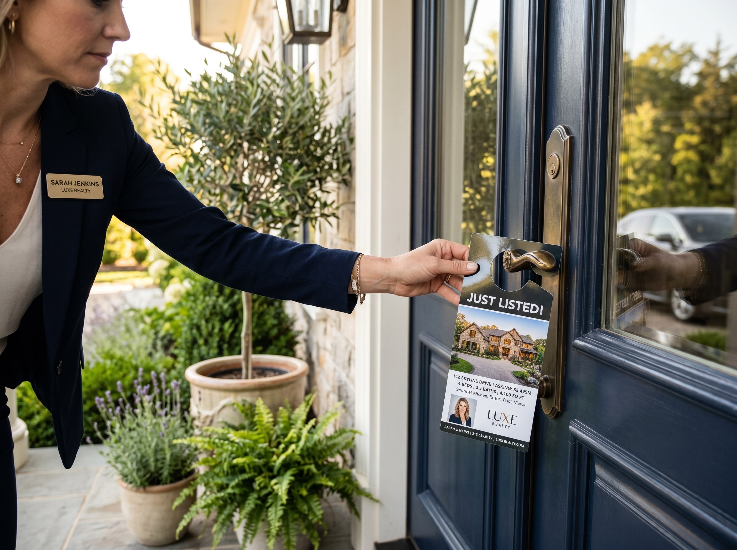 Real estate door hanger being placed on upscale home front door