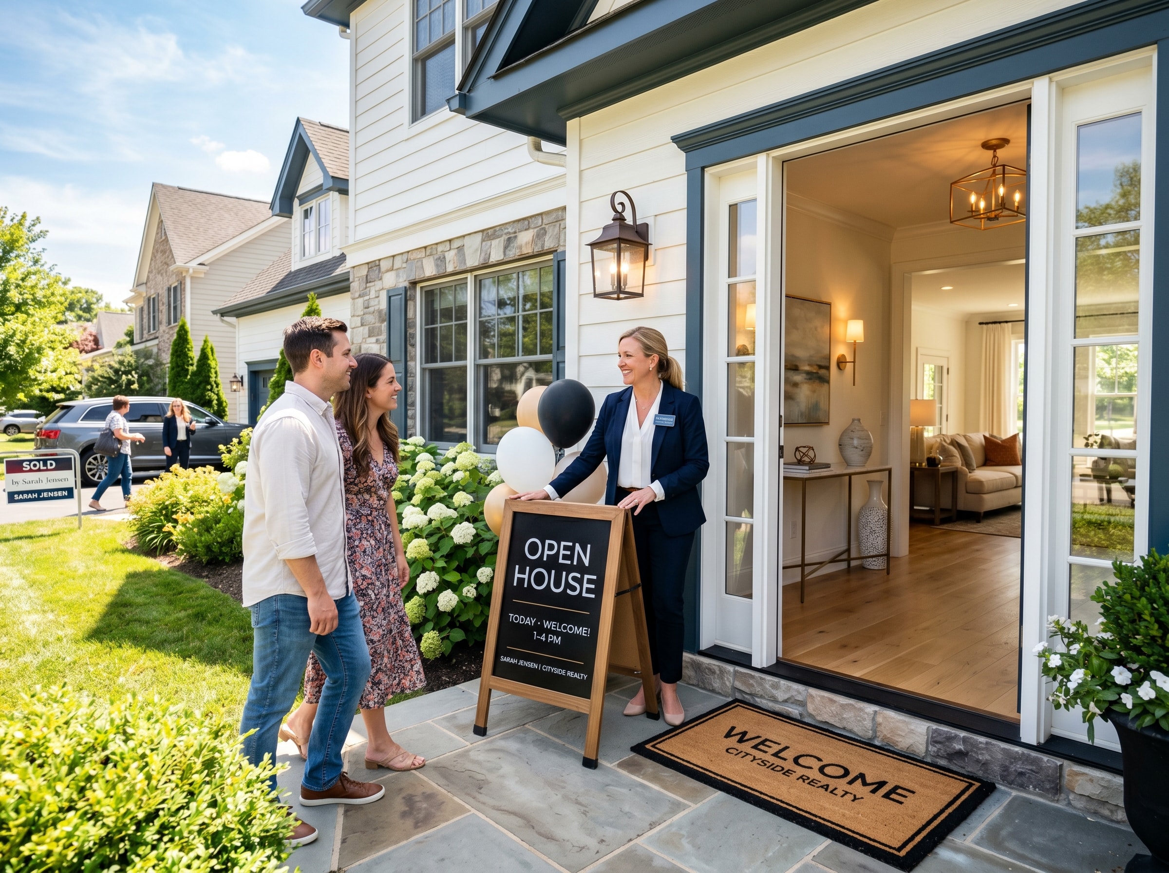 Real estate open house in progress with agent greeting visitors