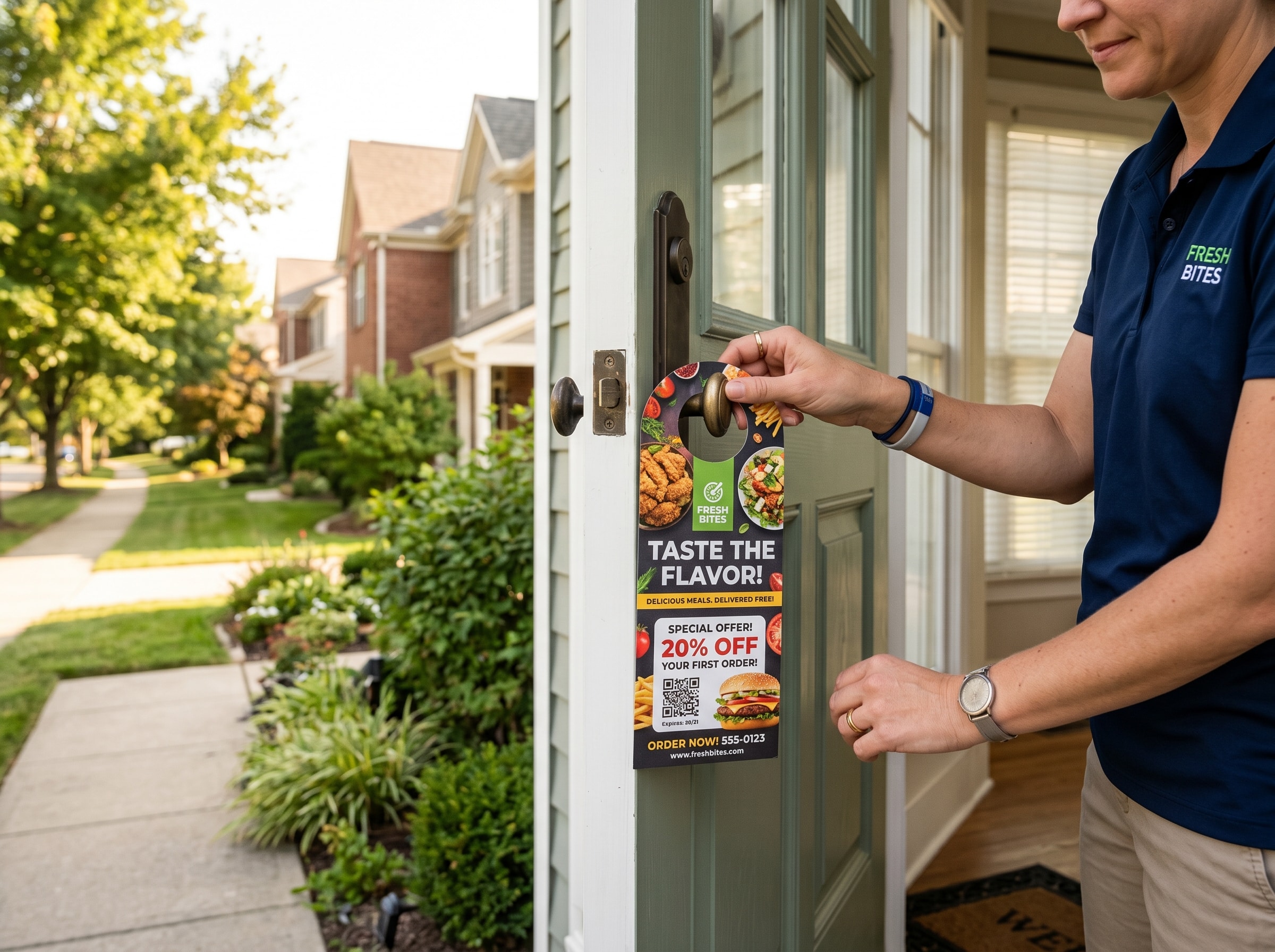 Restaurant door hanger being placed on residential front door