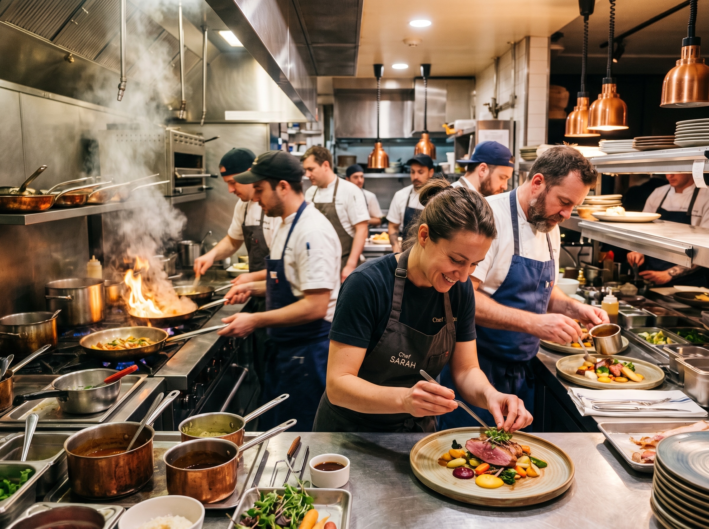Busy restaurant kitchen during peak dinner service