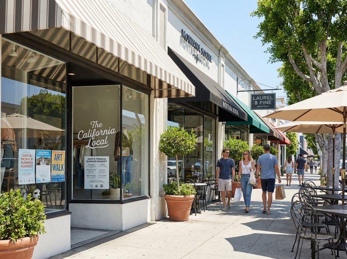 Montana Avenue shopping district in Santa Monica California with boutiques and marketing materials